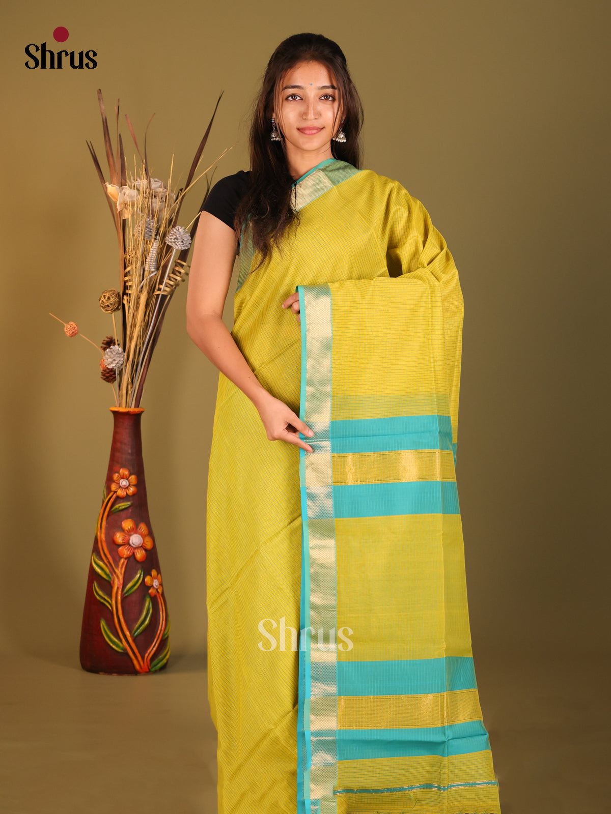 Yellow & Green - Maheshwari silkcotton Saree - Shop on Shrus.com