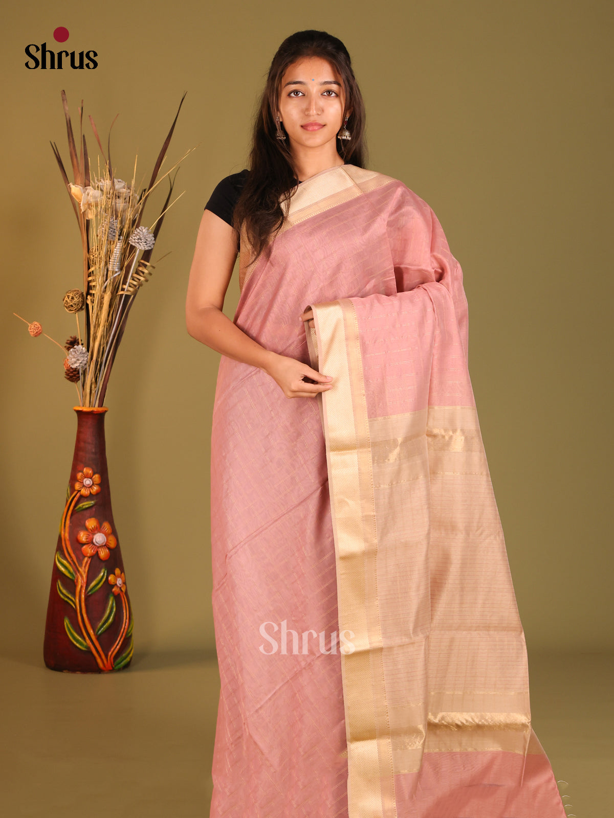 Pink & Peach - Maheshwari silkcotton Saree - Shop on Shrus.com