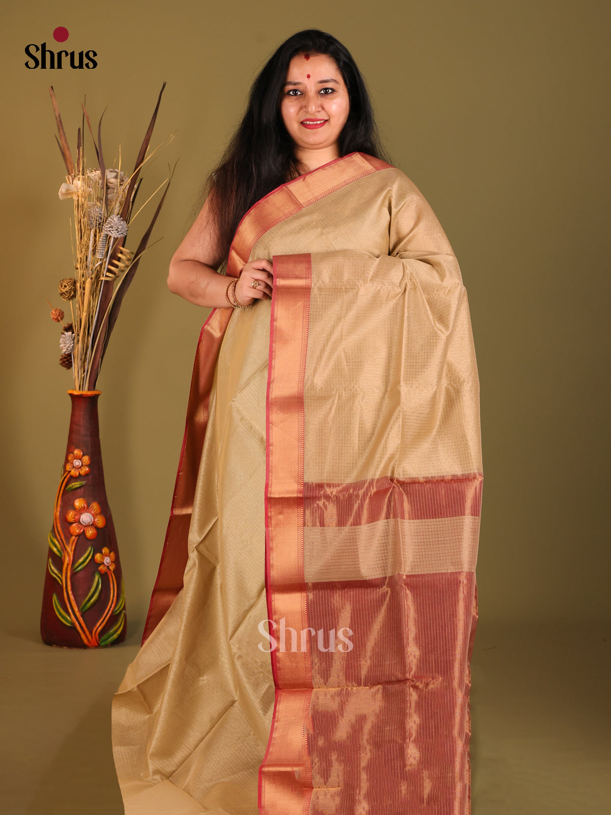 Beige & Maroon - Maheshwari silkcotton Saree - Shop on Shrus.com