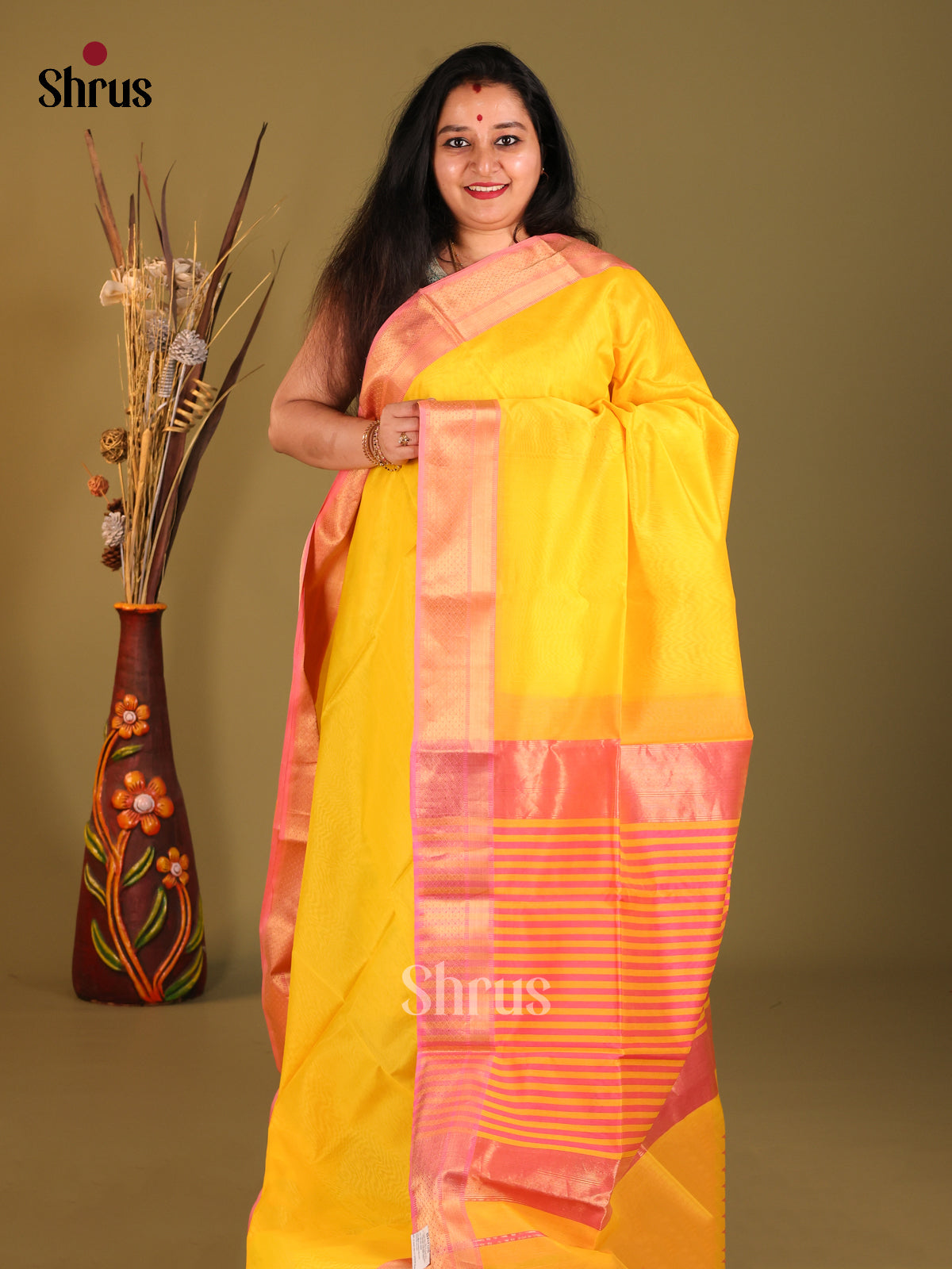 Yellow & Pink- Maheshwari silkcotton Saree - Shop on Shrus.com