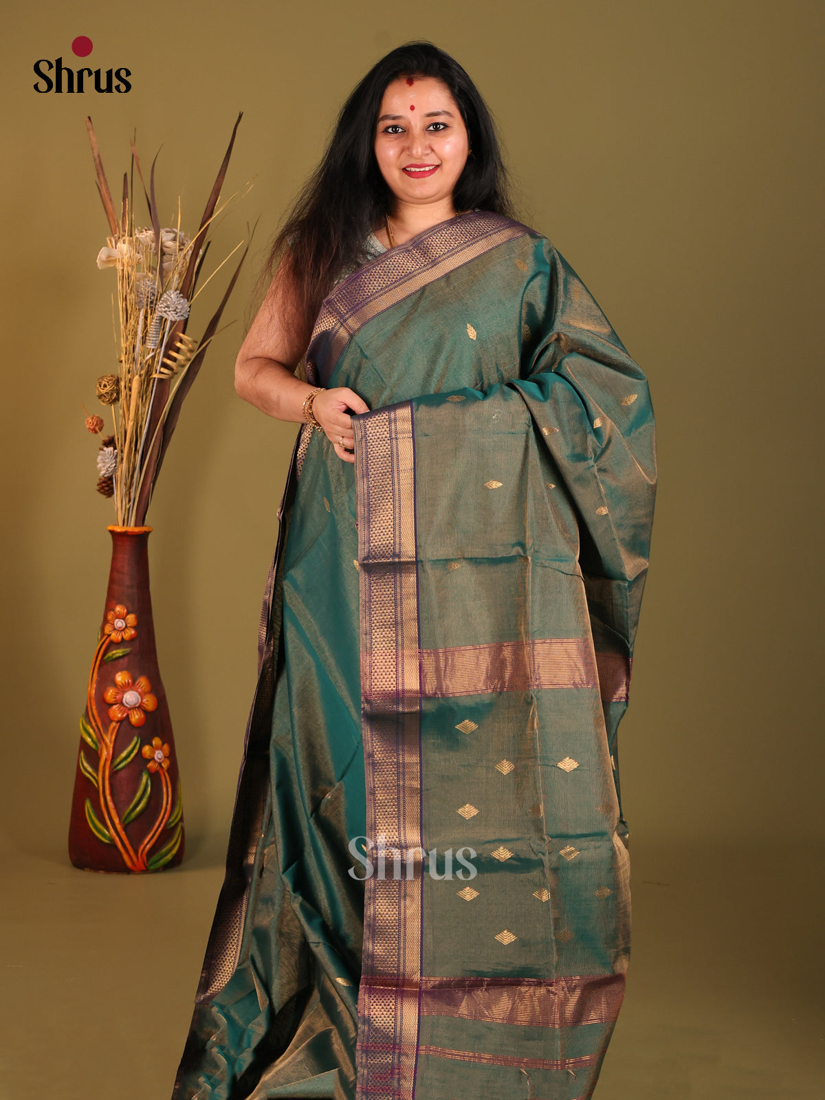 Green - Maheshwari silkcotton Saree - Shop on Shrus.com