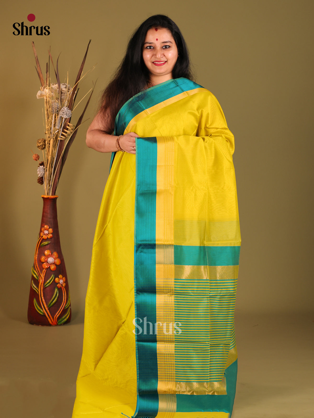 Yellow & Green - Maheshwari silkcotton Saree - Shop on Shrus.com