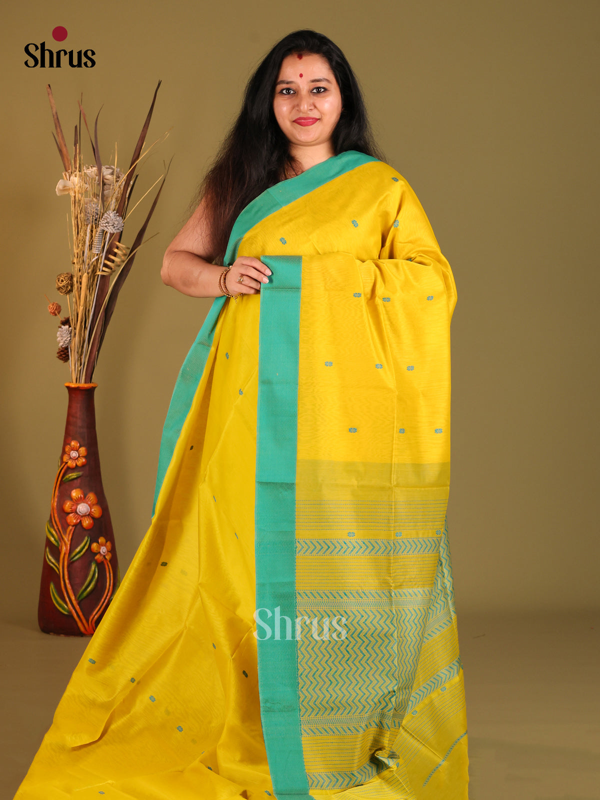 Yellow & Green - Maheshwari silkcotton Saree - Shop on Shrus.com
