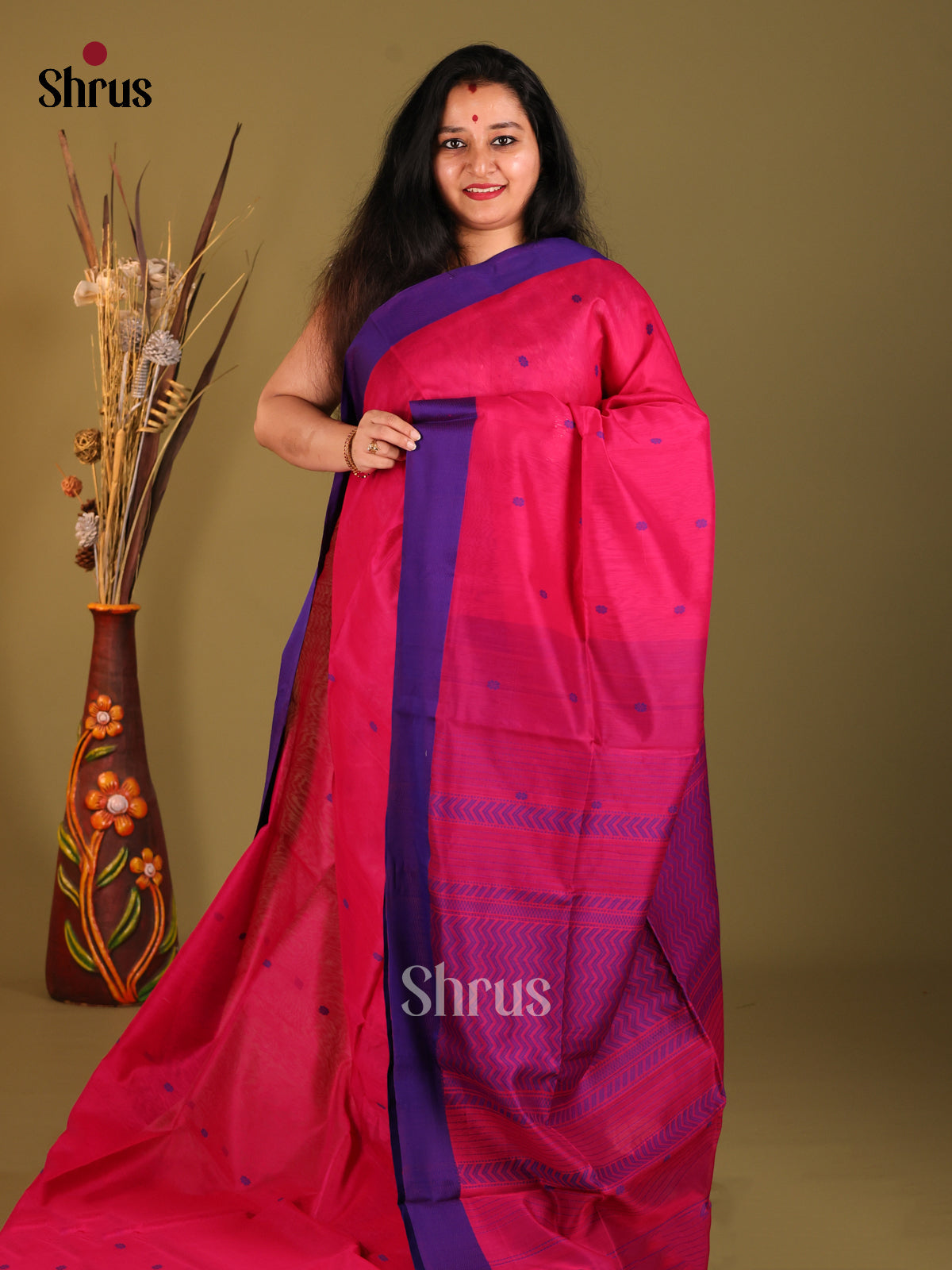 Pink & Blue - Maheshwari silkcotton Saree - Shop on Shrus.com