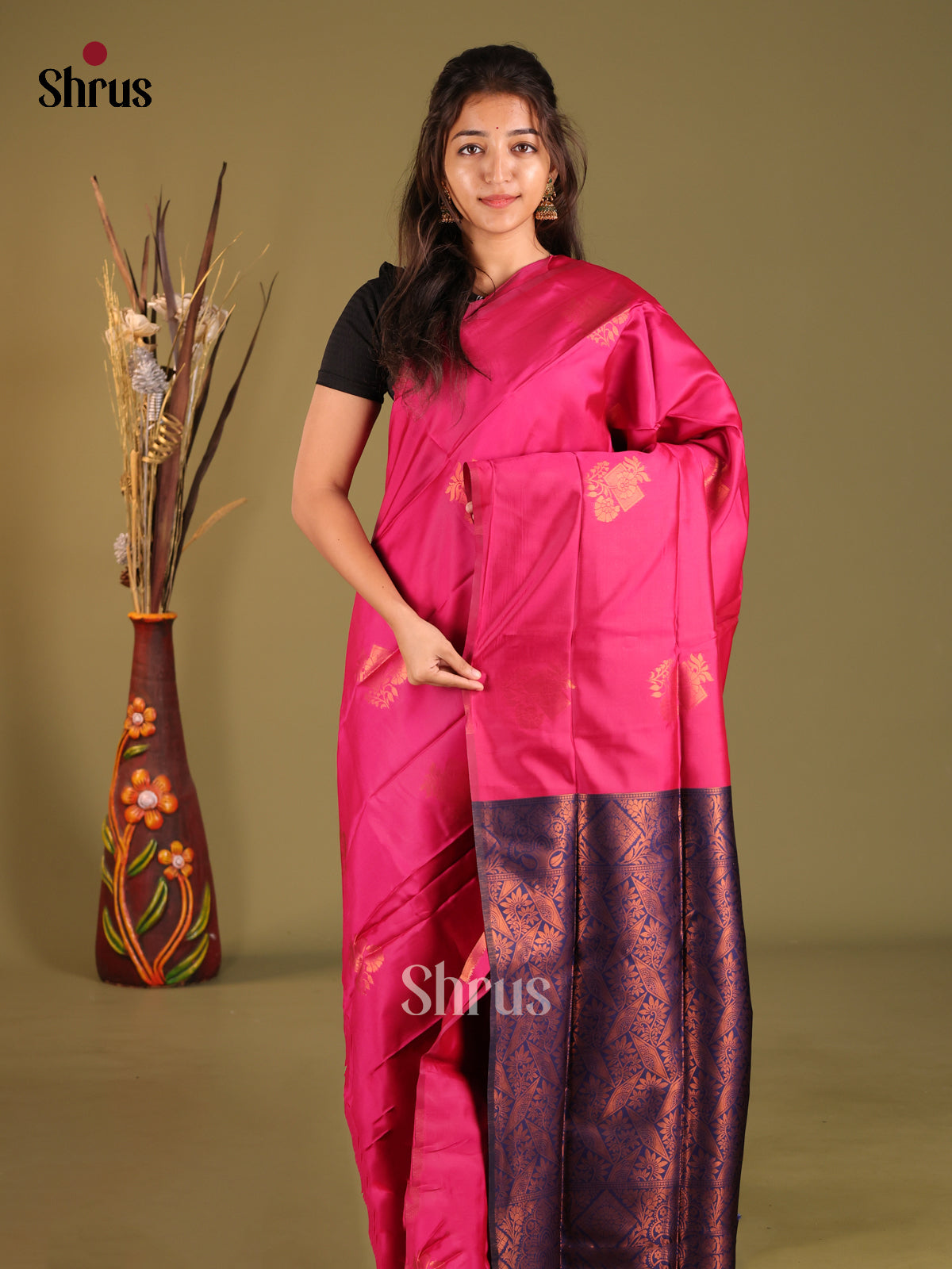 Pink & Blue- Semi Softsilk Saree - Shop on Shrus.com