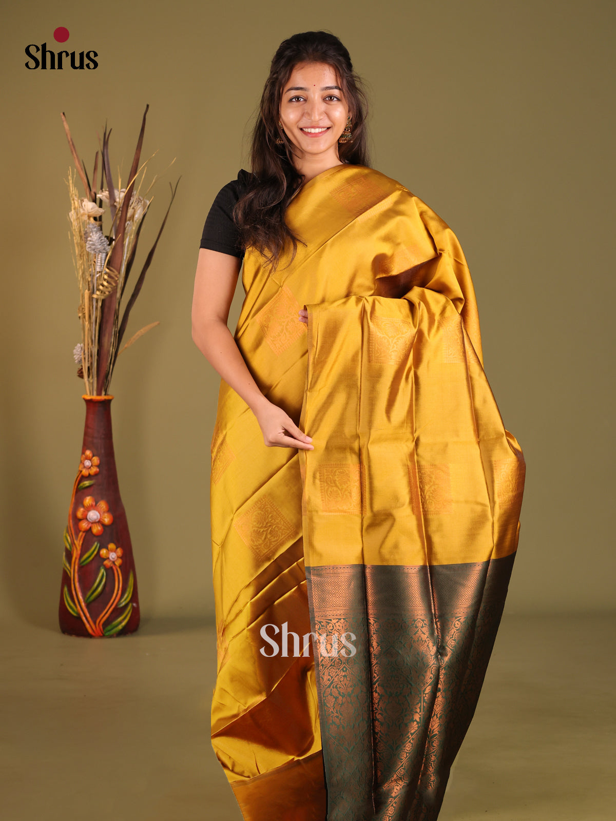 Mustardy Green & Green - Semi Softsilk Saree - Shop on Shrus.com