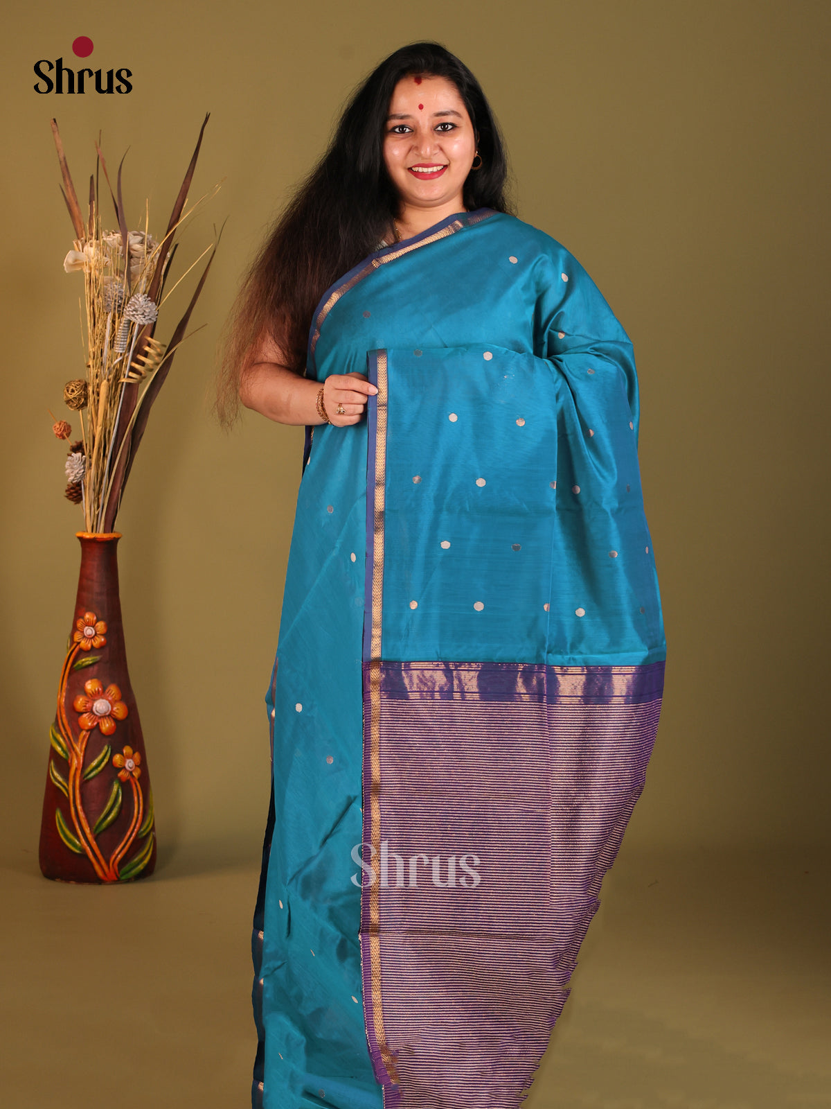 Teal & Blue - Maheshwari silkcotton Saree - Shop on Shrus.com