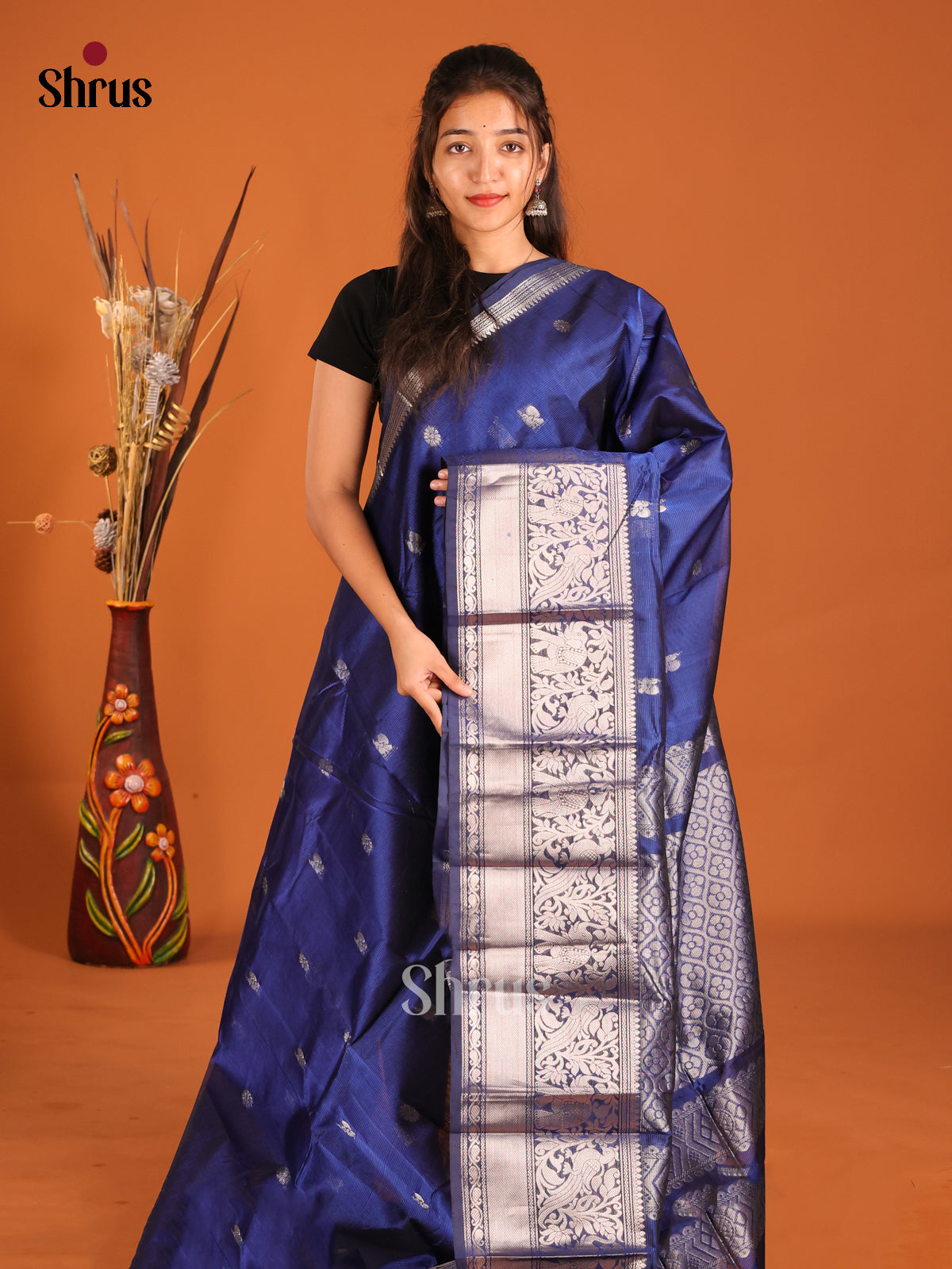 Blue single tone Mangalagiri silkcotton Saree with traditional rich zari border