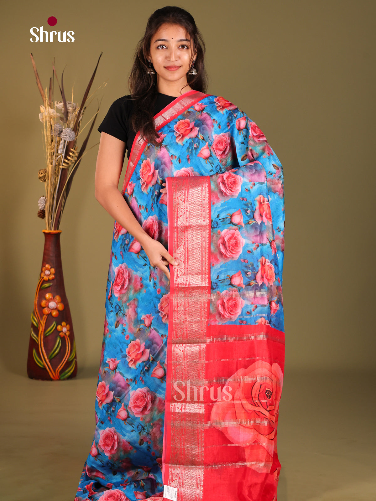 Blue & Red- Mangalagiri printed silkcotton Saree