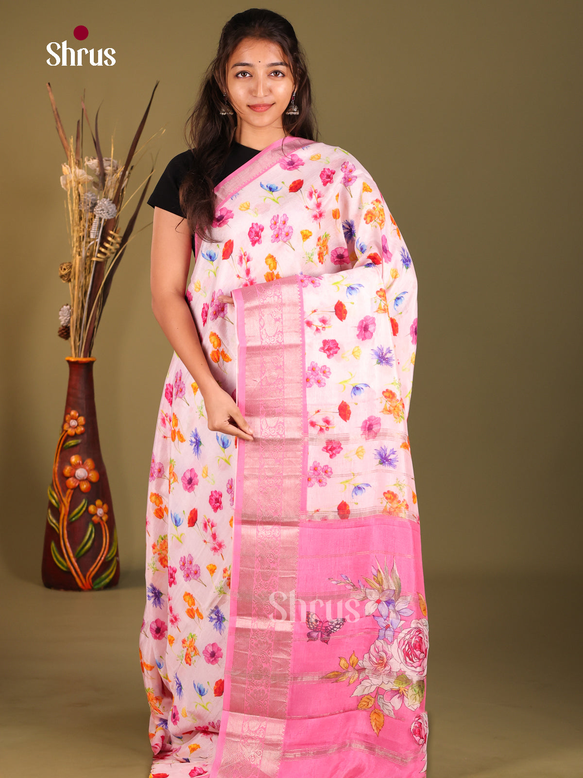Cream & Pink - Mangalagiri printed silkcotton Saree