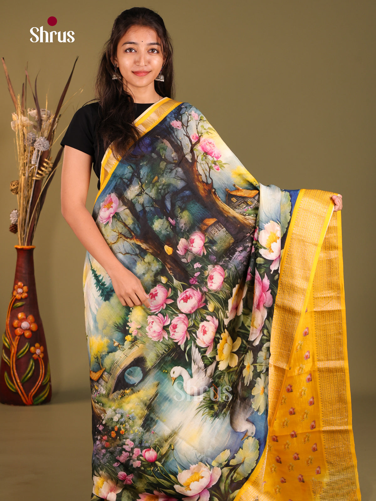 Blue & Yellow - Mangalagiri printed silkcotton Saree