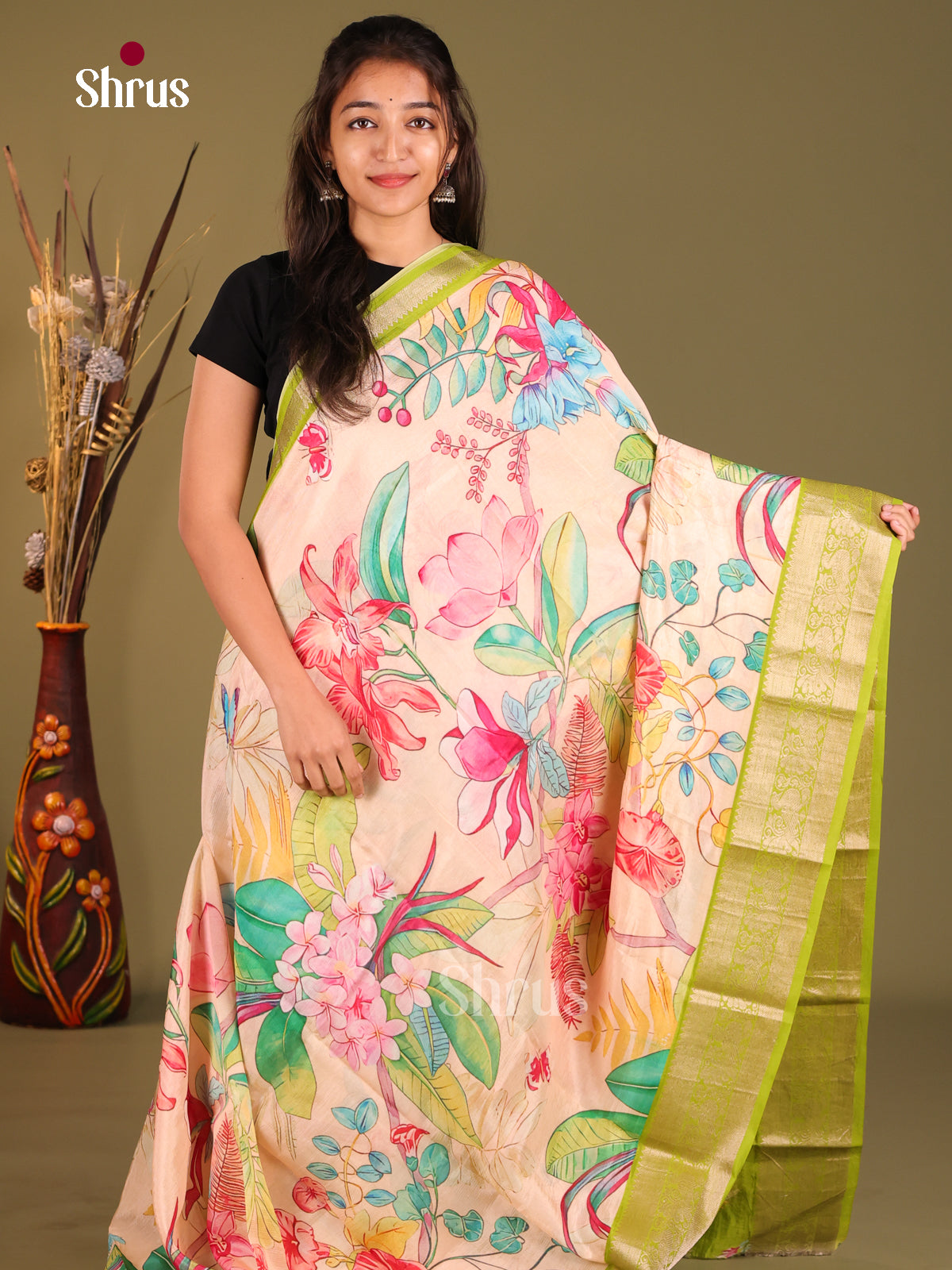 Pink & Green - Mangalagiri printed silkcotton Saree - Shop on Shrus.com