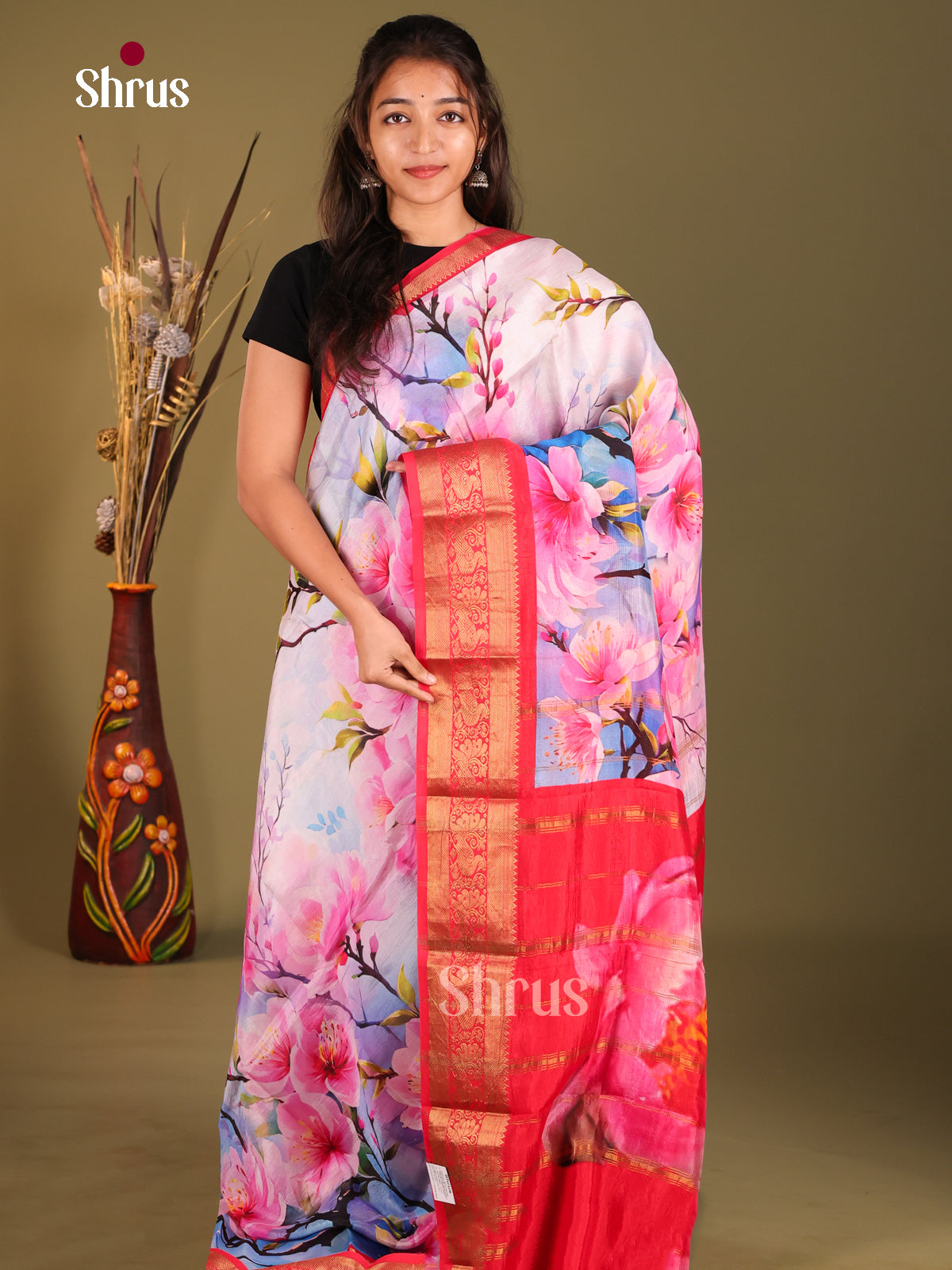 Pink & Red - Mangalagiri printed silkcotton Saree - Shop on Shrus.com