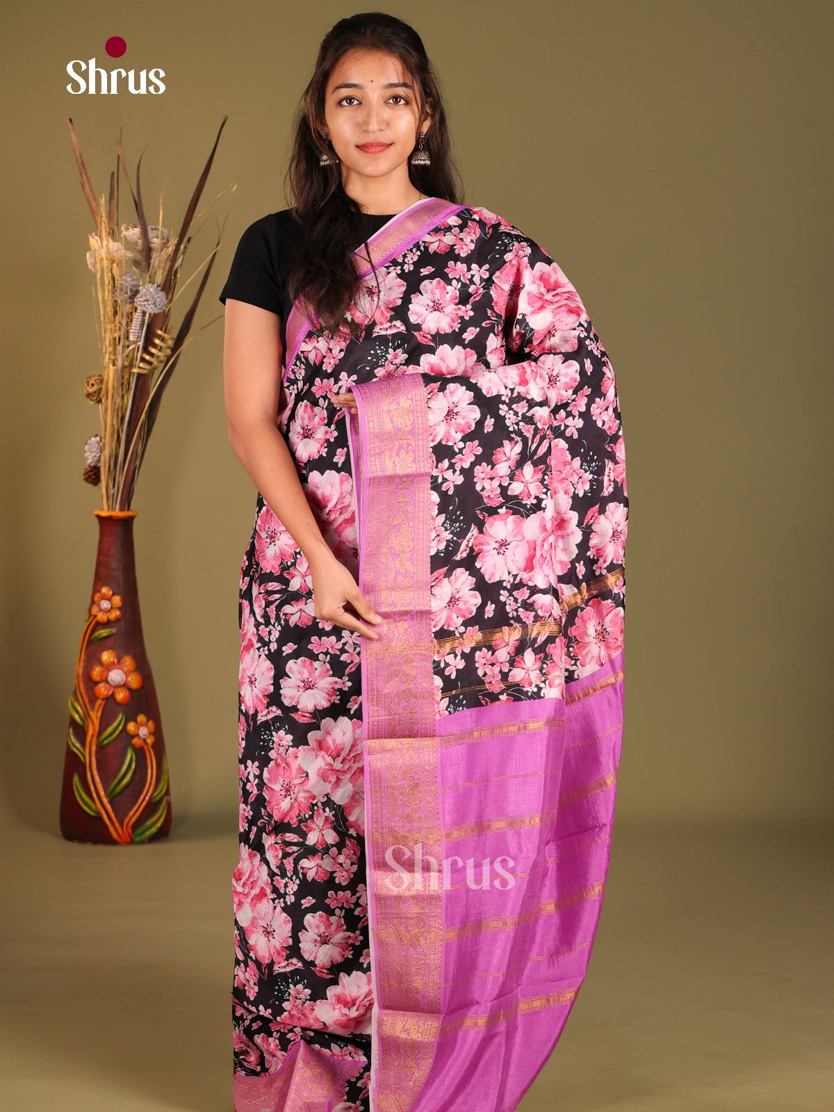 Black & Purple - Mangalagiri printed silkcotton Saree