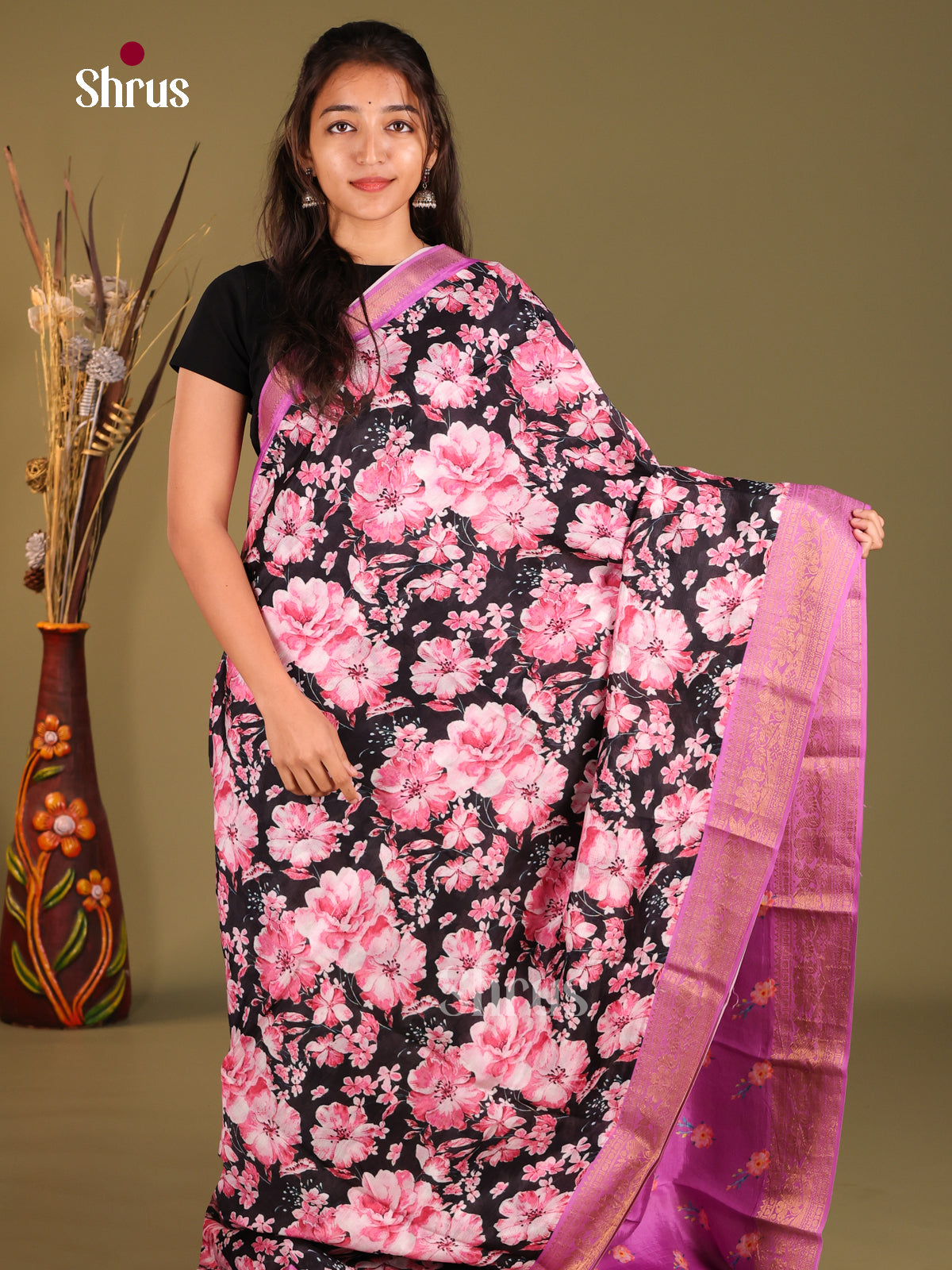 Black & Purple - Mangalagiri printed silkcotton Saree