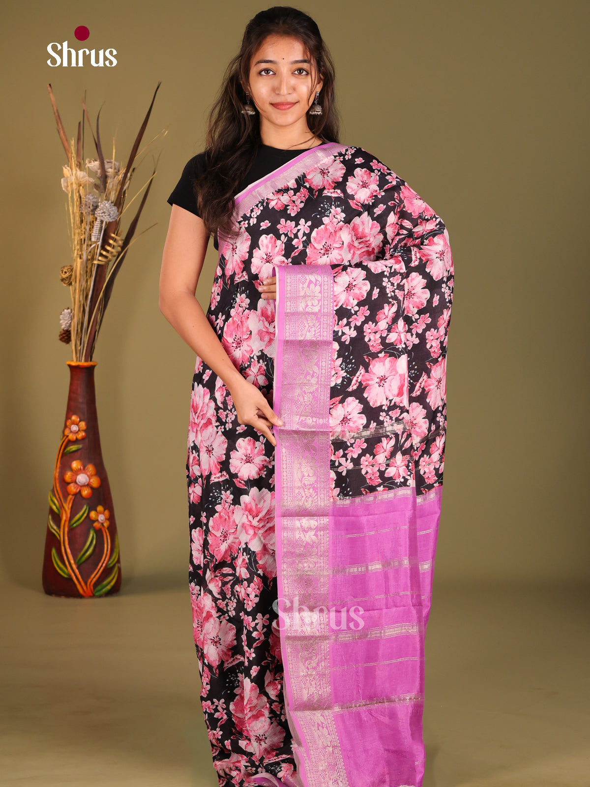 Black & Purple - Mangalagiri printed silkcotton Saree