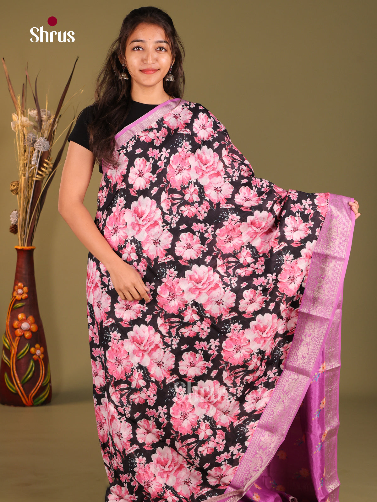 Black & Purple - Mangalagiri printed silkcotton Saree