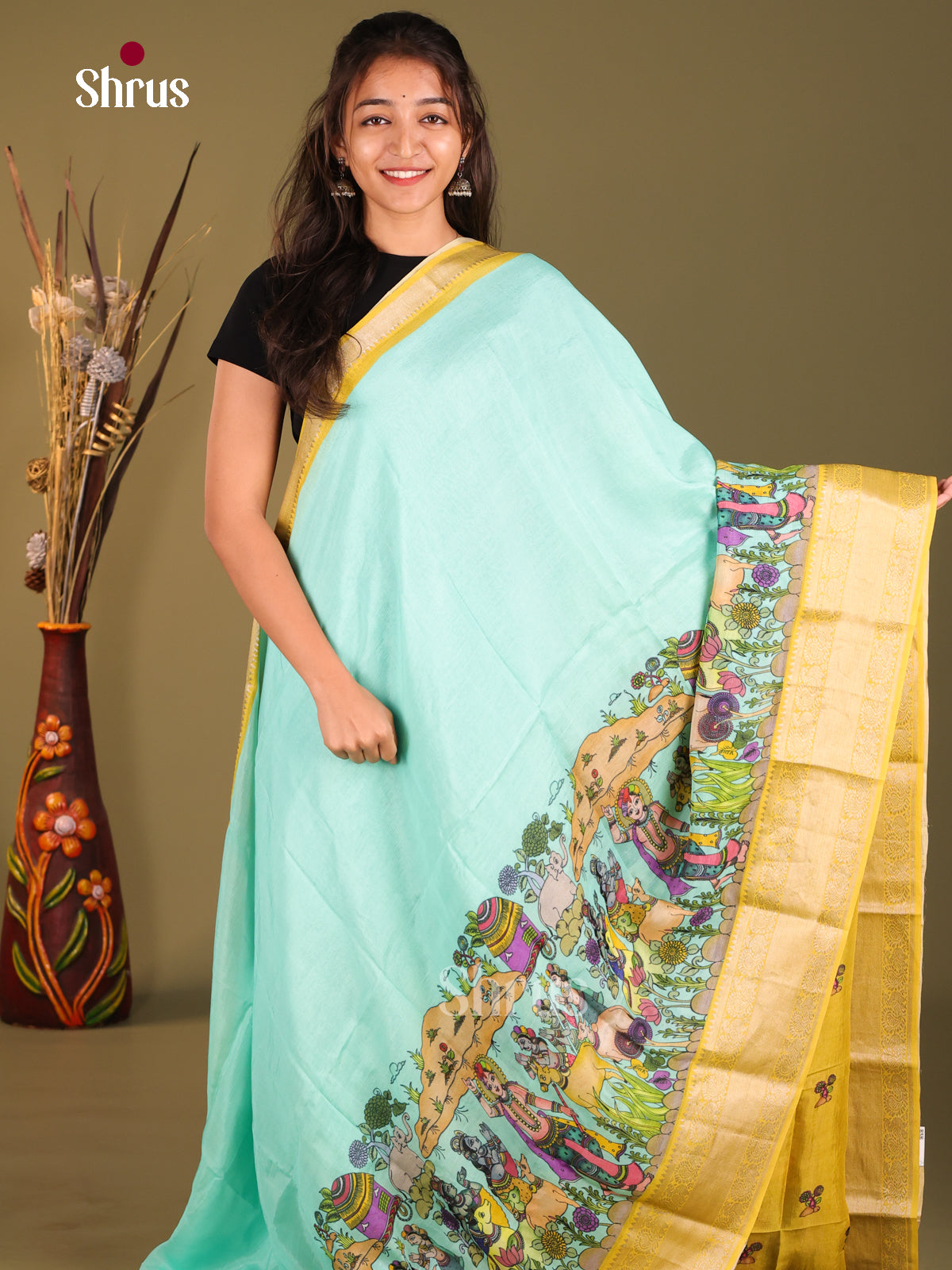 Pastel blue & Yellow- Mangalagiri printed silkcotton Saree - Shop on Shrus.com