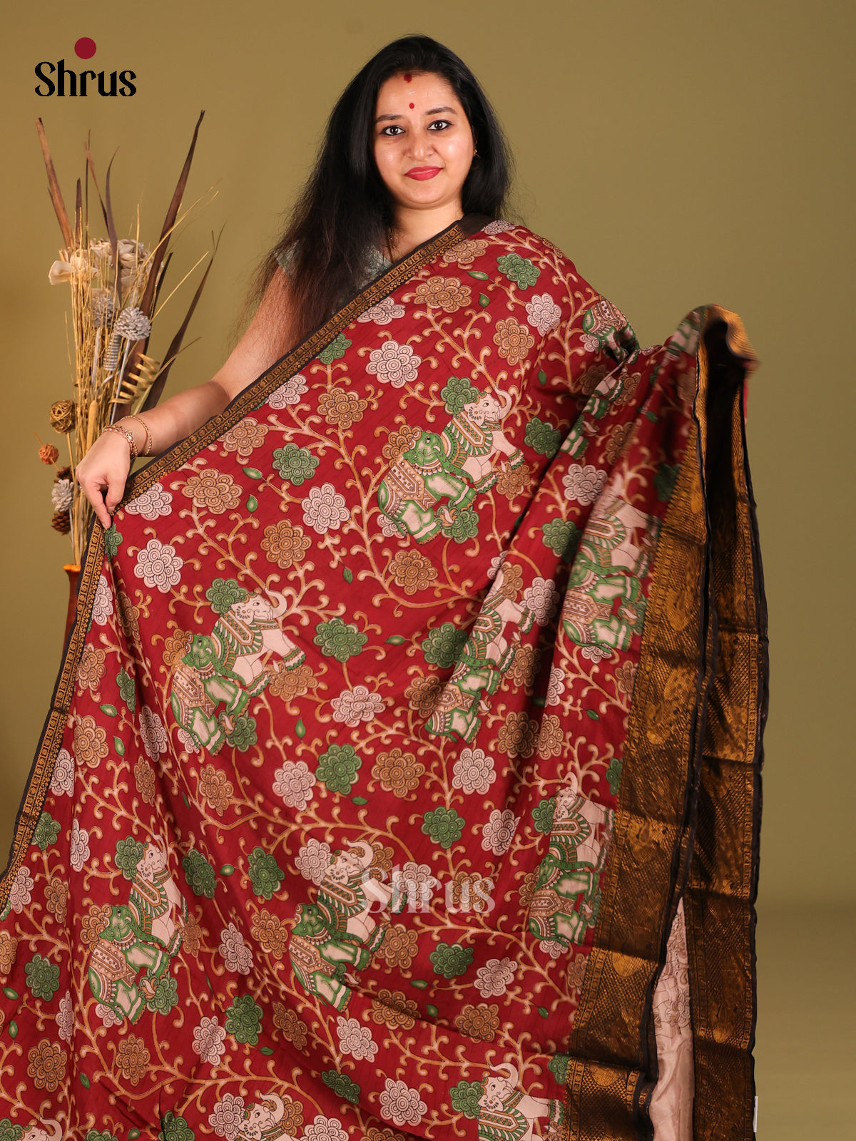 Maroon & Mustard- Mangalagiri silkcotton Saree - Shop on Shrus.com