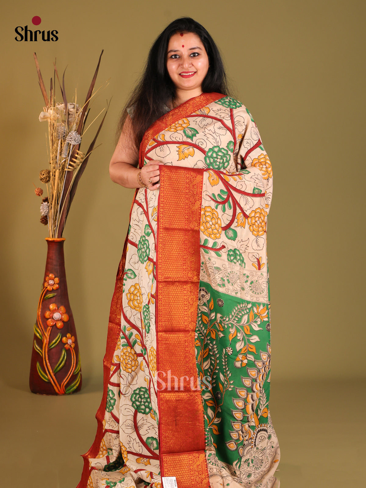Cream & Red -  Mangalagiri silkcotton Saree