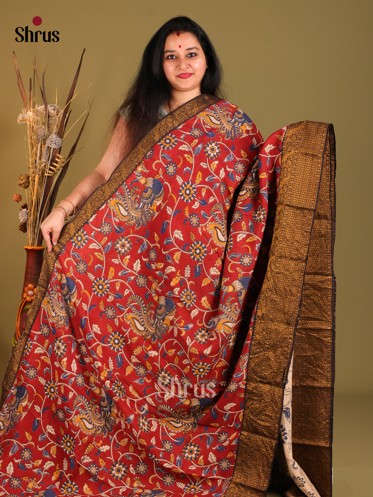 Red & Cream Mangalagiri silkcotton Saree -1