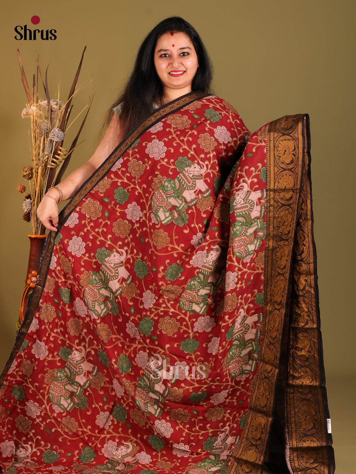 Maroon & Cream- Mangalagiri silkcotton Saree - Shop on Shrus.com