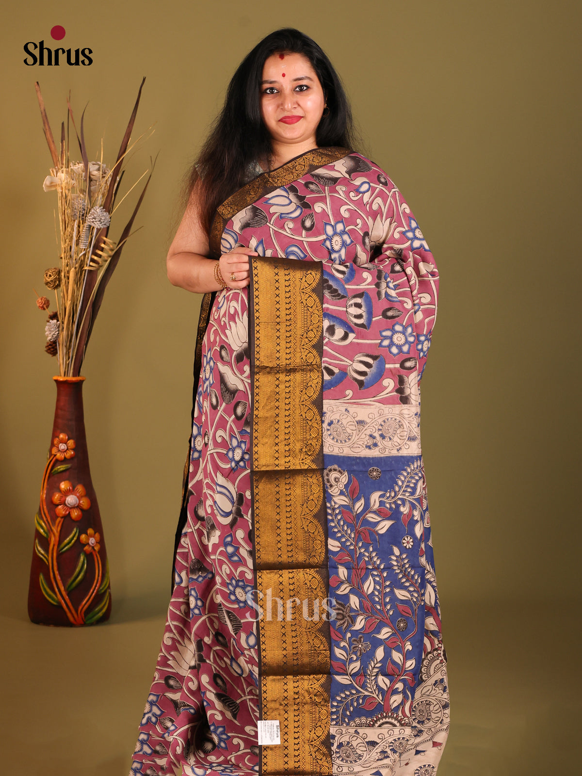 Onion Pink & Blue - Mangalagiri silkcotton Saree - Shop on Shrus.com