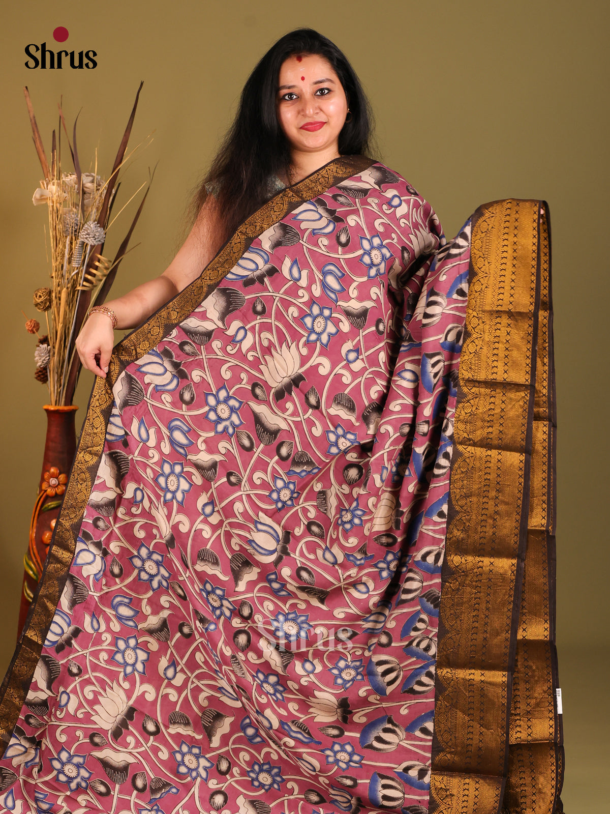 Onion Pink & Blue - Mangalagiri silkcotton Saree - Shop on Shrus.com