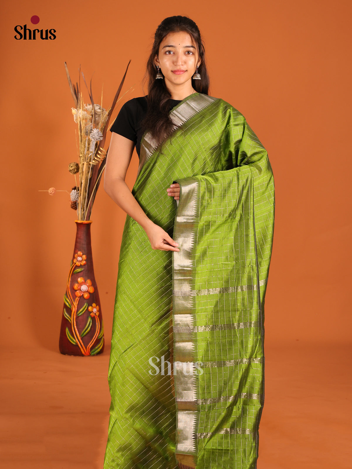 Mehandi Green single Tone Mangalagiri silkcotton Saree with zari checks