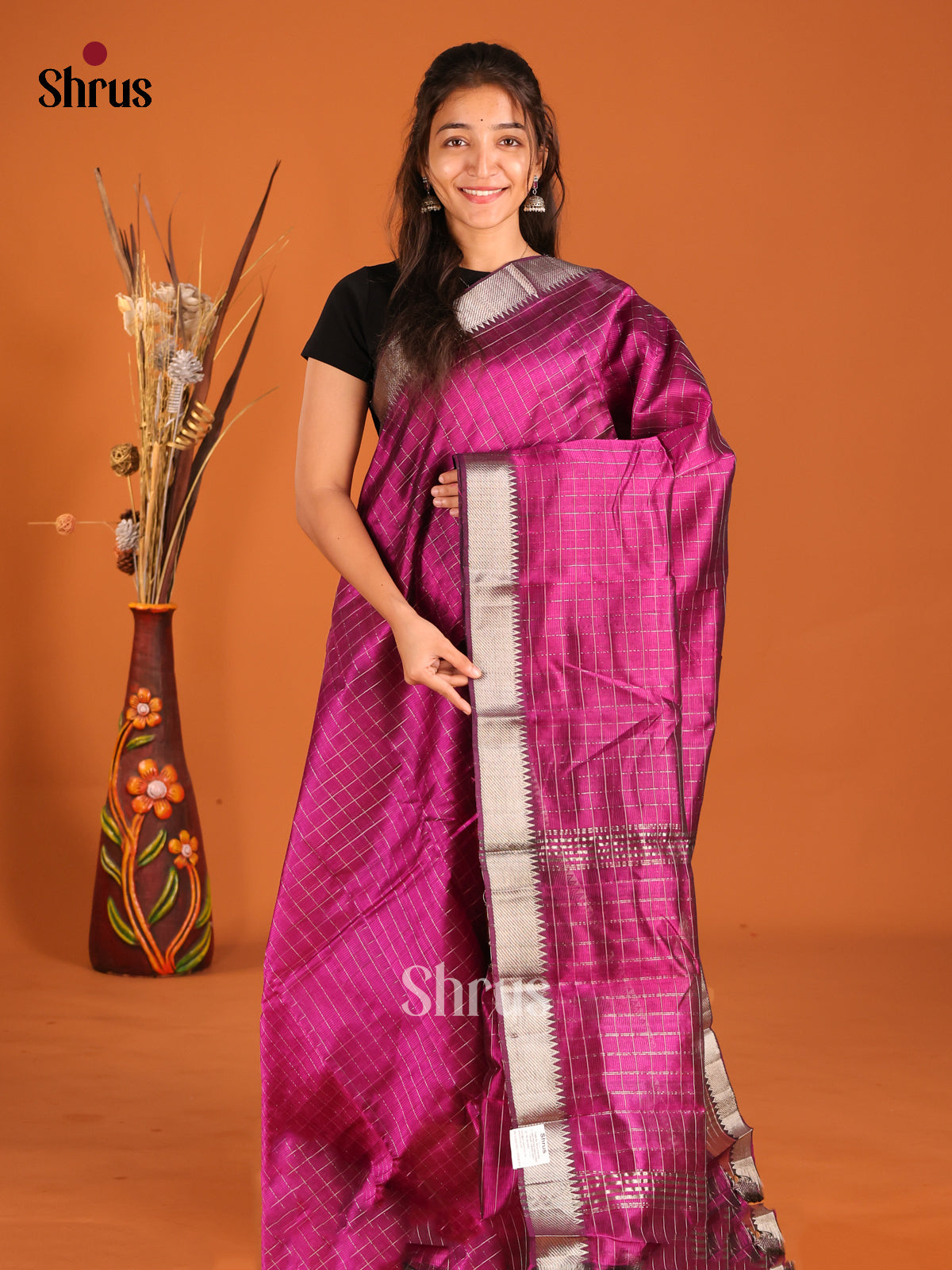 Purple single tone Mangalagiri silkcotton Saree with zari checks - Shop on Shrus.com