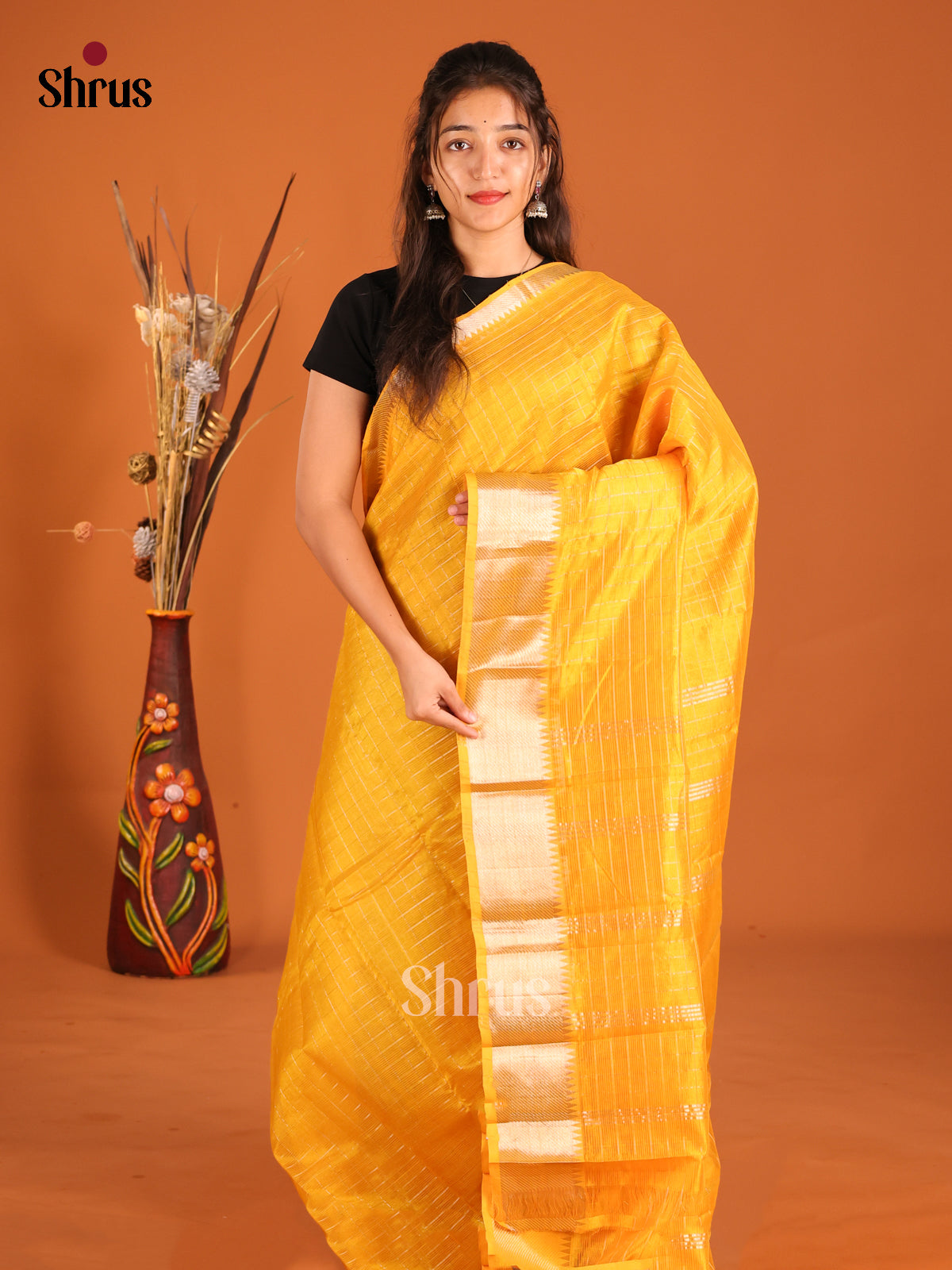 Mustard single tone Mangalagiri silkcotton Saree gleams with zari stripes