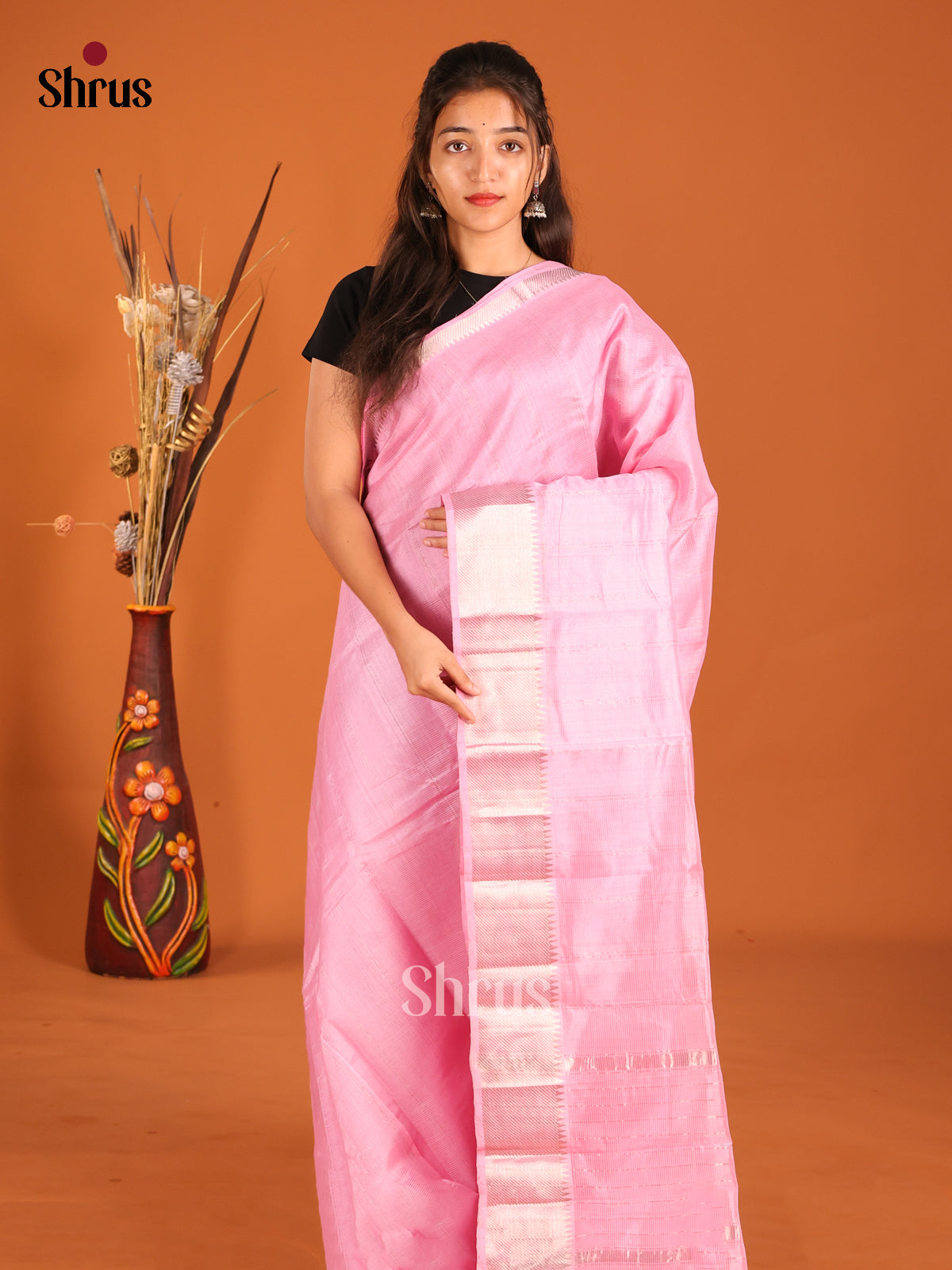 Pink single tone Mangalagiri silkcotton Saree with zari stripes