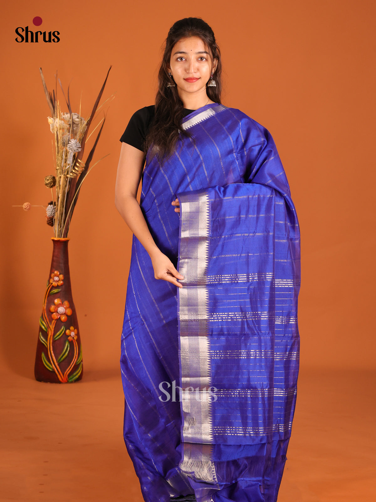 blue single Tone Mangalagiri silkcotton Saree with zari stripes