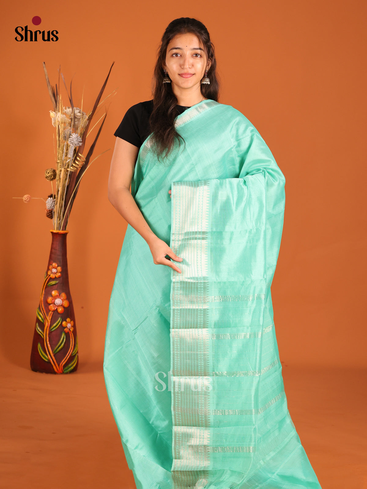 Teal Green Mangalagiri silkcotton Saree with zari border 