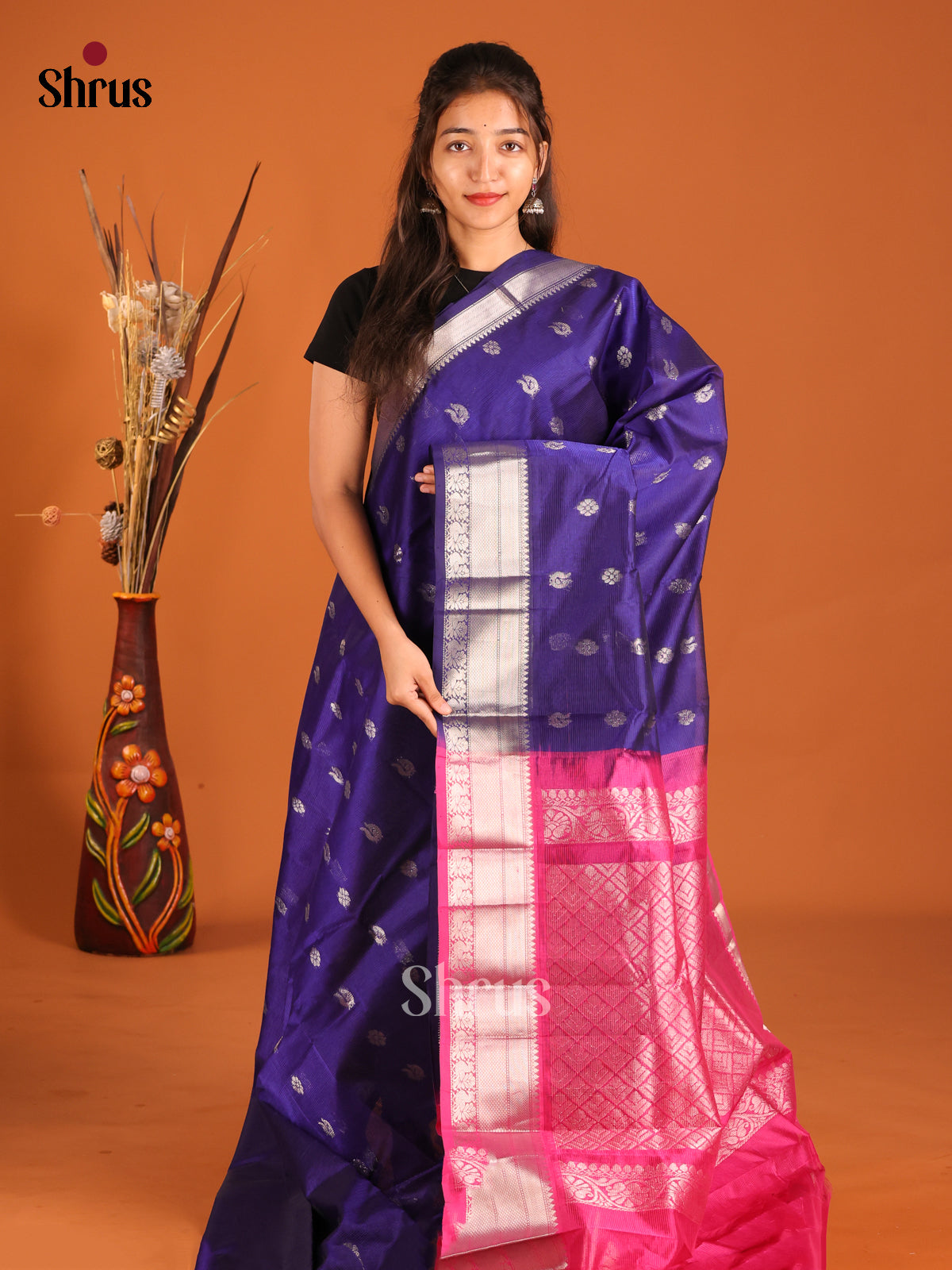 Blue & Pink  - Mangalagiri silkcotton Saree gleams with peacock buttas