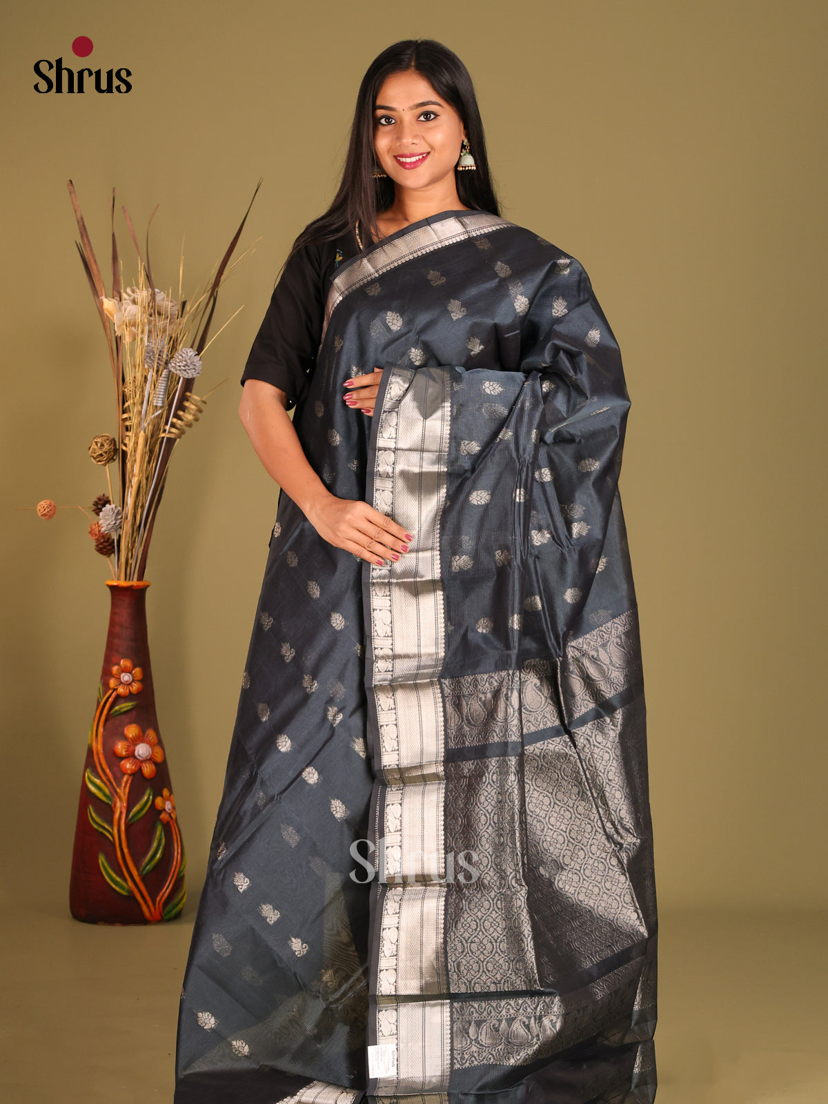 Black  Mangalagiri silkcotton Saree with gold zari floral buttas