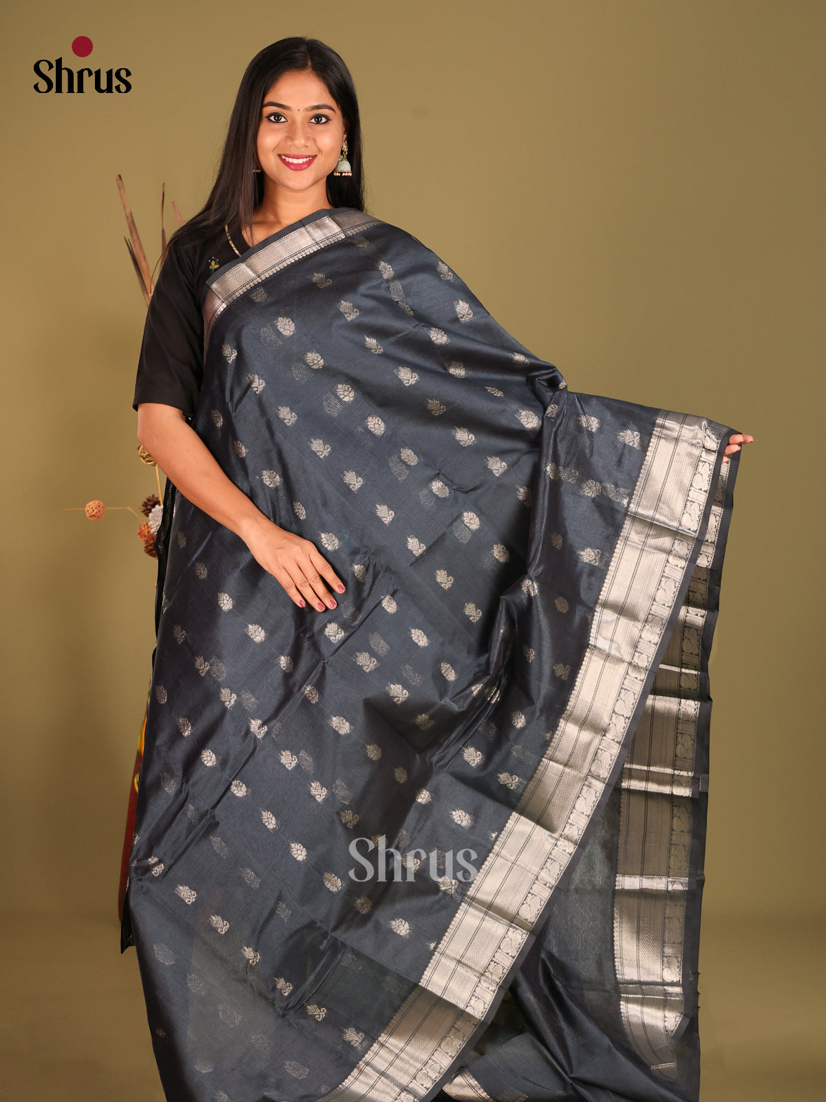 Black  Mangalagiri silkcotton Saree with gold zari floral buttas -1