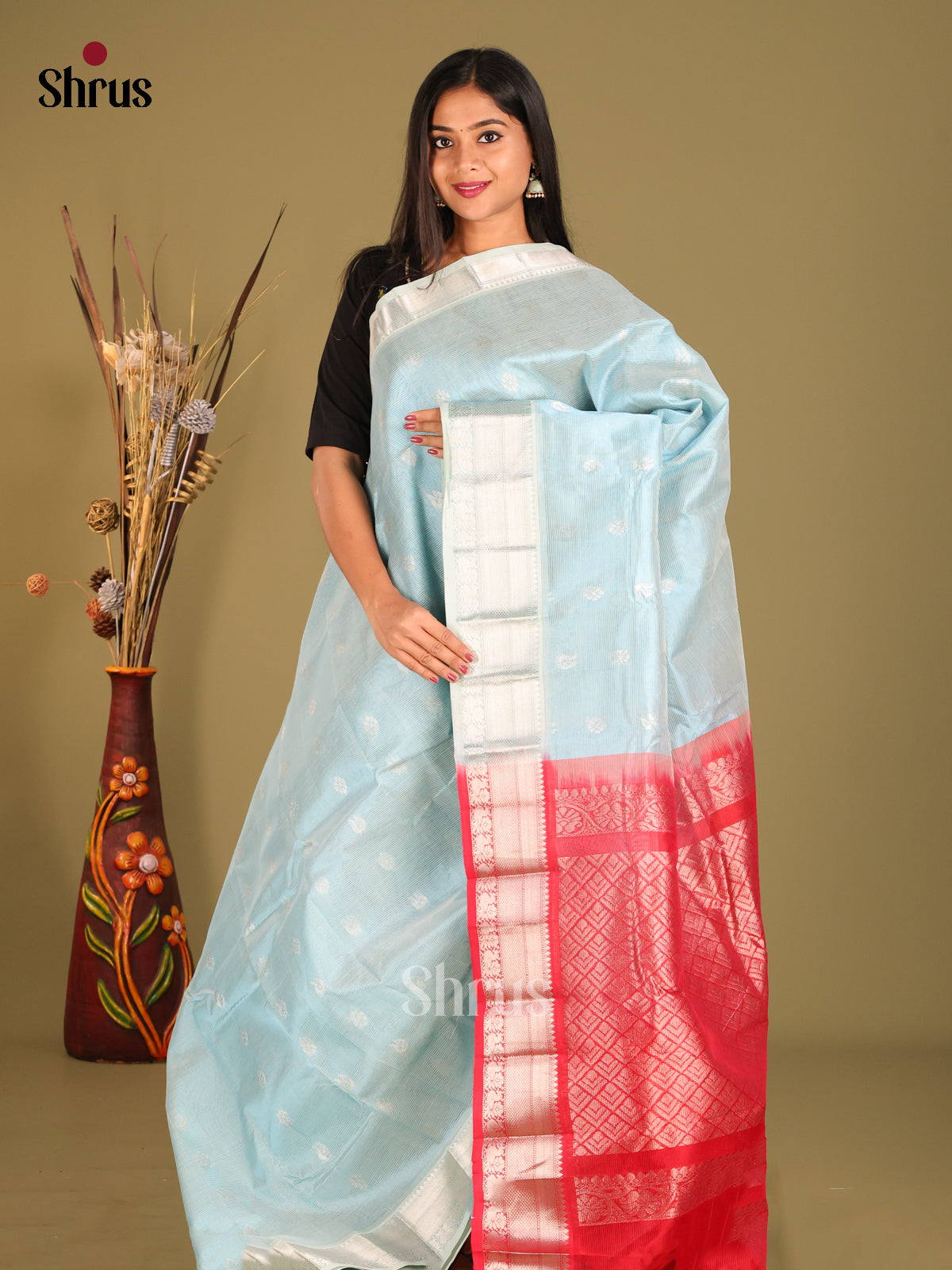 ice blue & Red - Mangalagiri silkcotton Saree with zari floral buttas