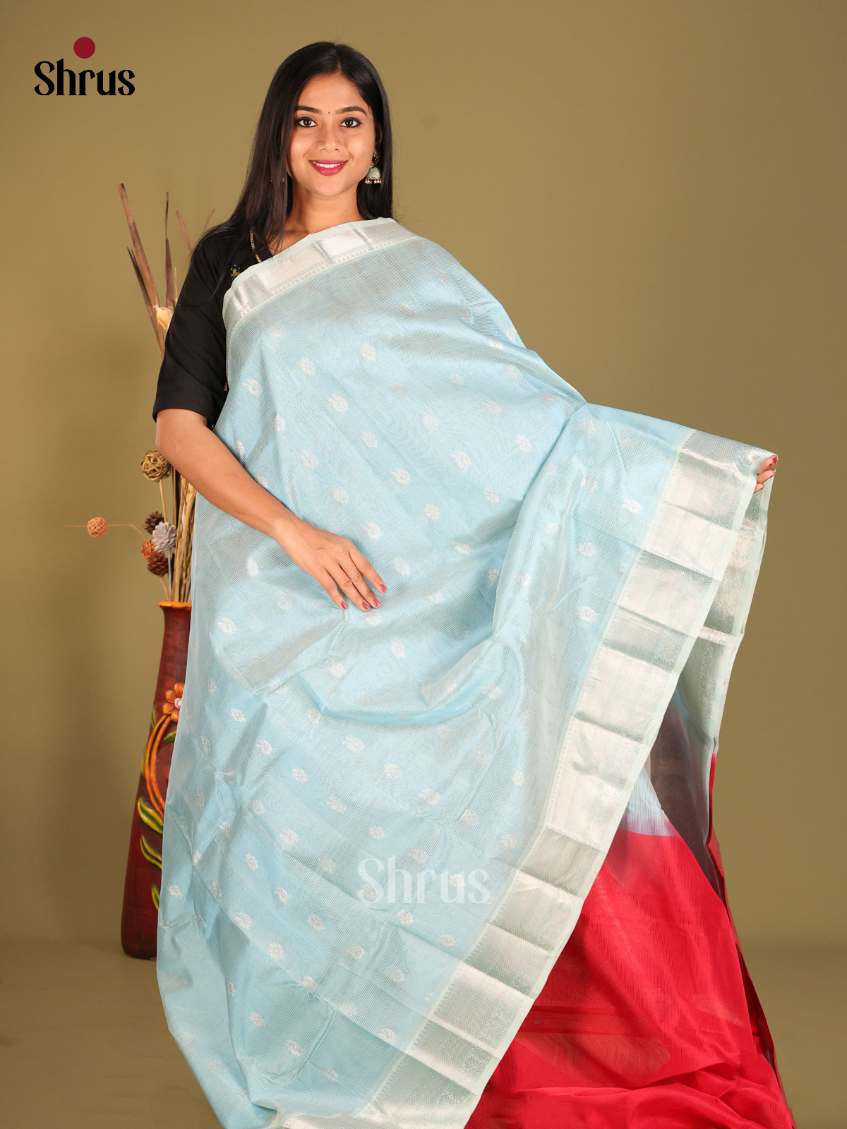 ice blue & Red - Mangalagiri silkcotton Saree with zari floral buttas -1
