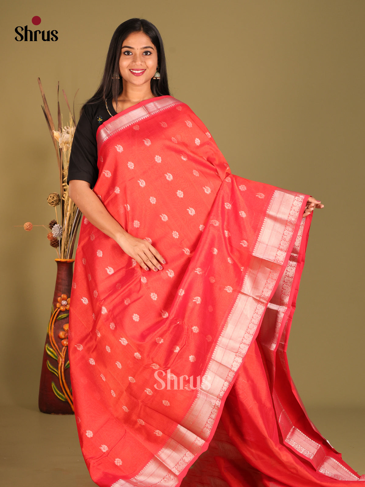 Orangish Pink  Mangalagiri silkcotton Saree gleams with peacock, floral buttas -1
