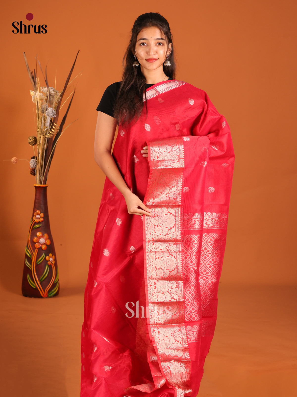 Red - Mangalagiri silkcotton Saree with rich zari border