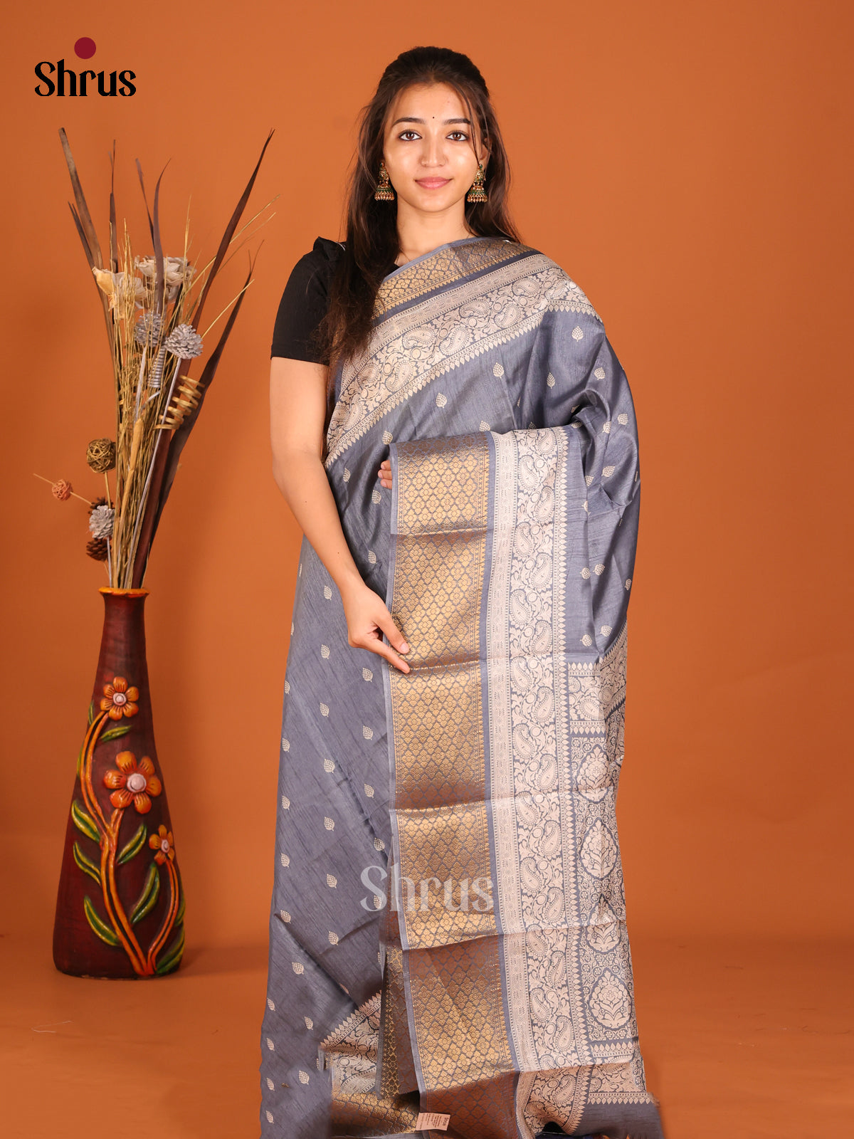 Grey - Semi Crepe Saree - Shop on Shrus.com