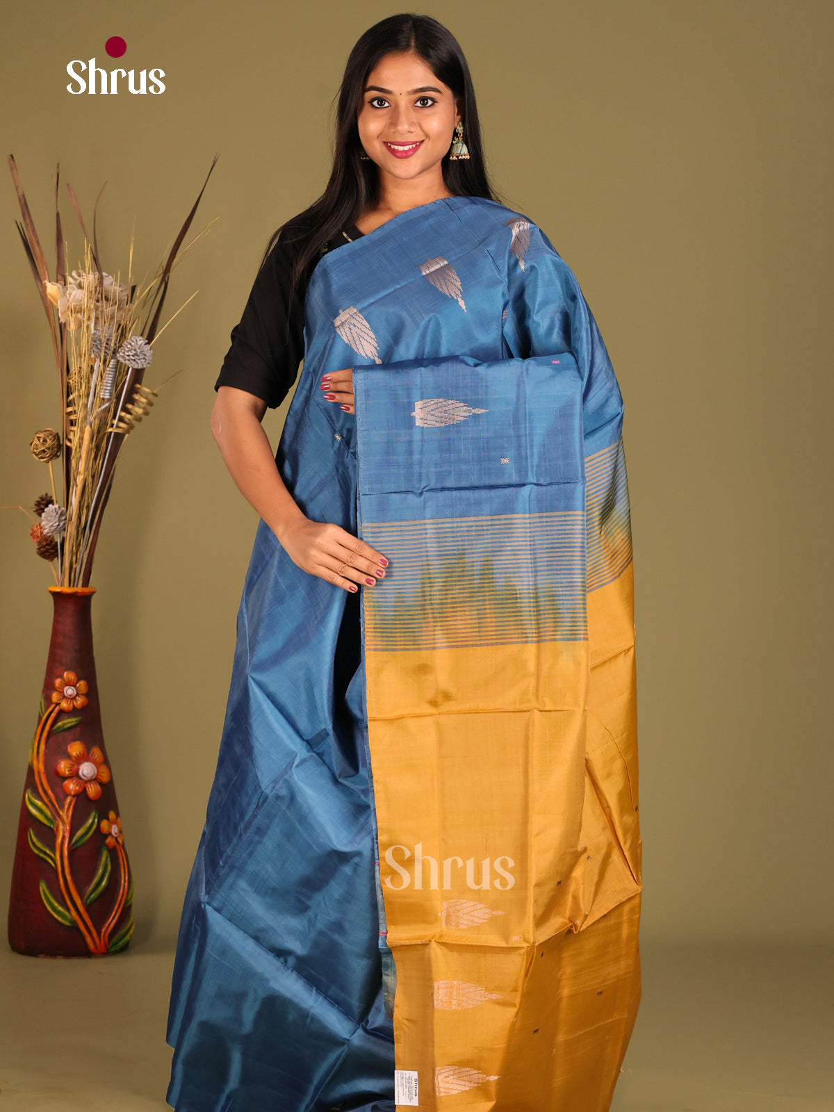 Blue & Mustard - Banana Pith without blouse Saree