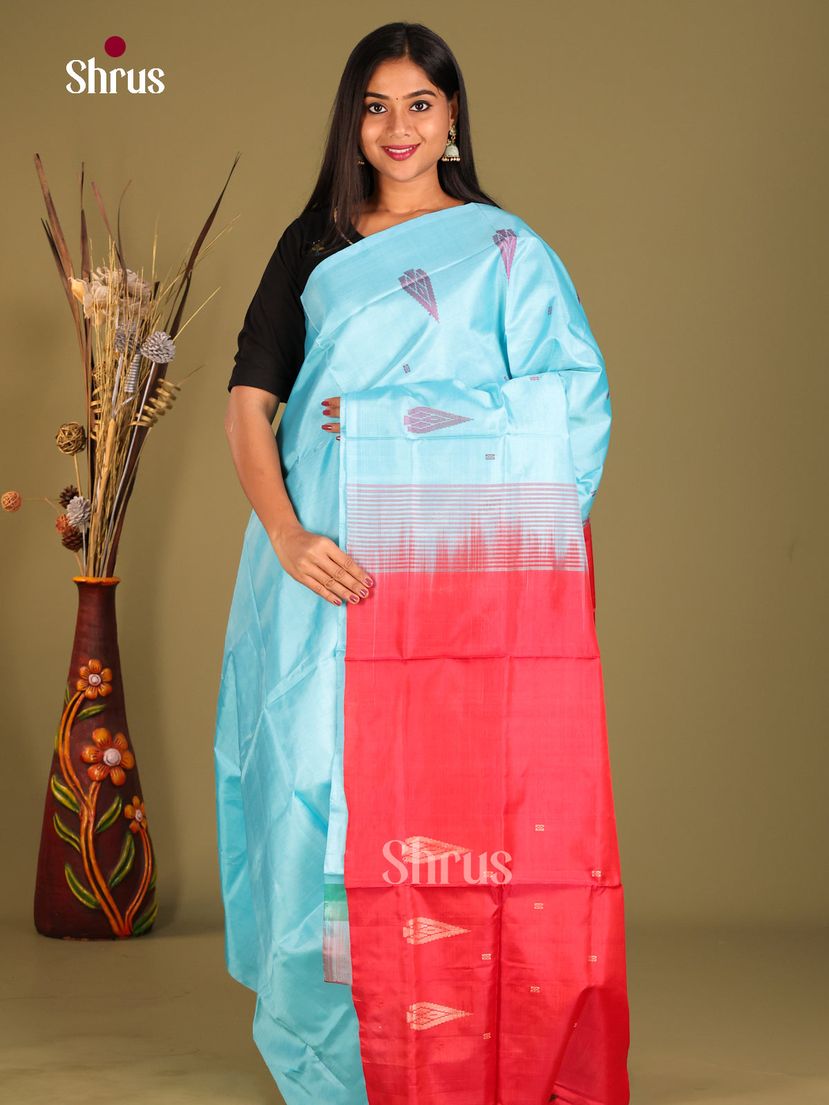 Pastel Blue & Red - Banana Pith without blouse Saree - Shop on Shrus.com