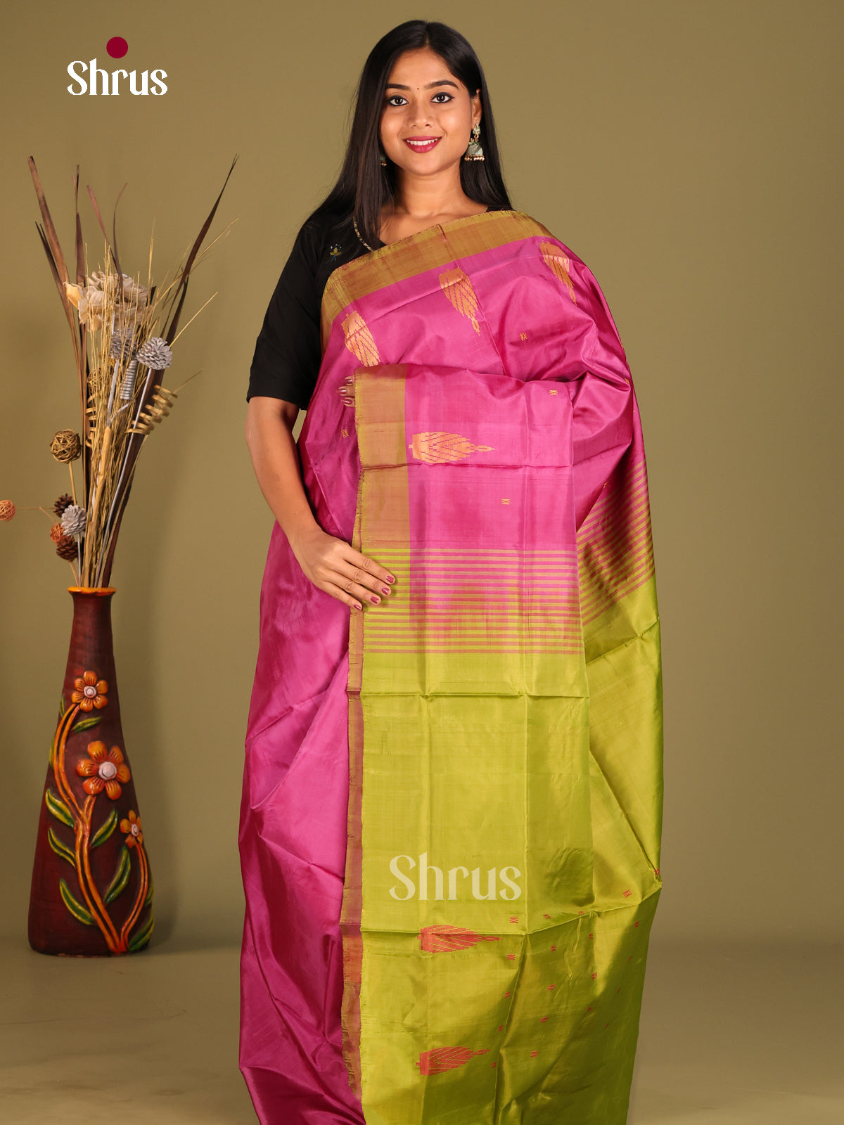Pink  & Green - Banana Pith without blouse Saree - Shop on Shrus.com