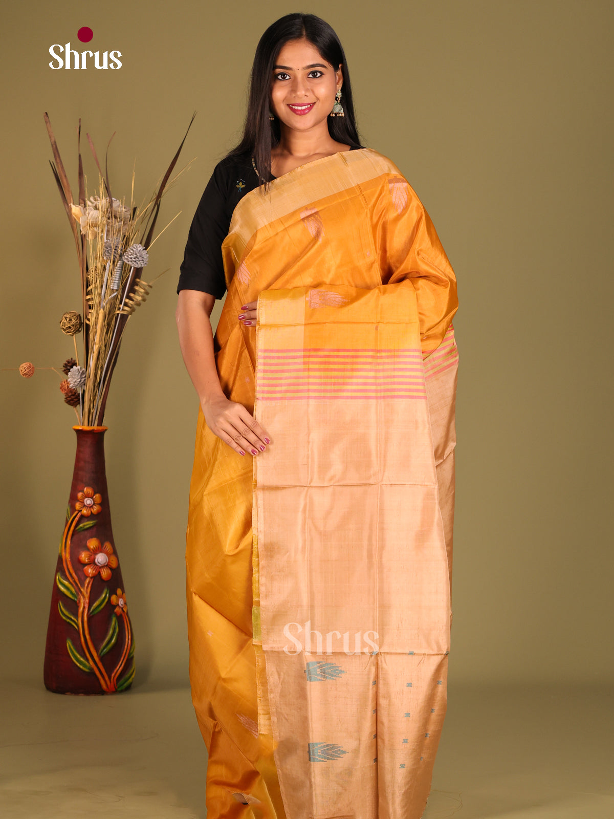 Mustard & Beige- Banana Pith without blouse Saree - Shop on Shrus.com