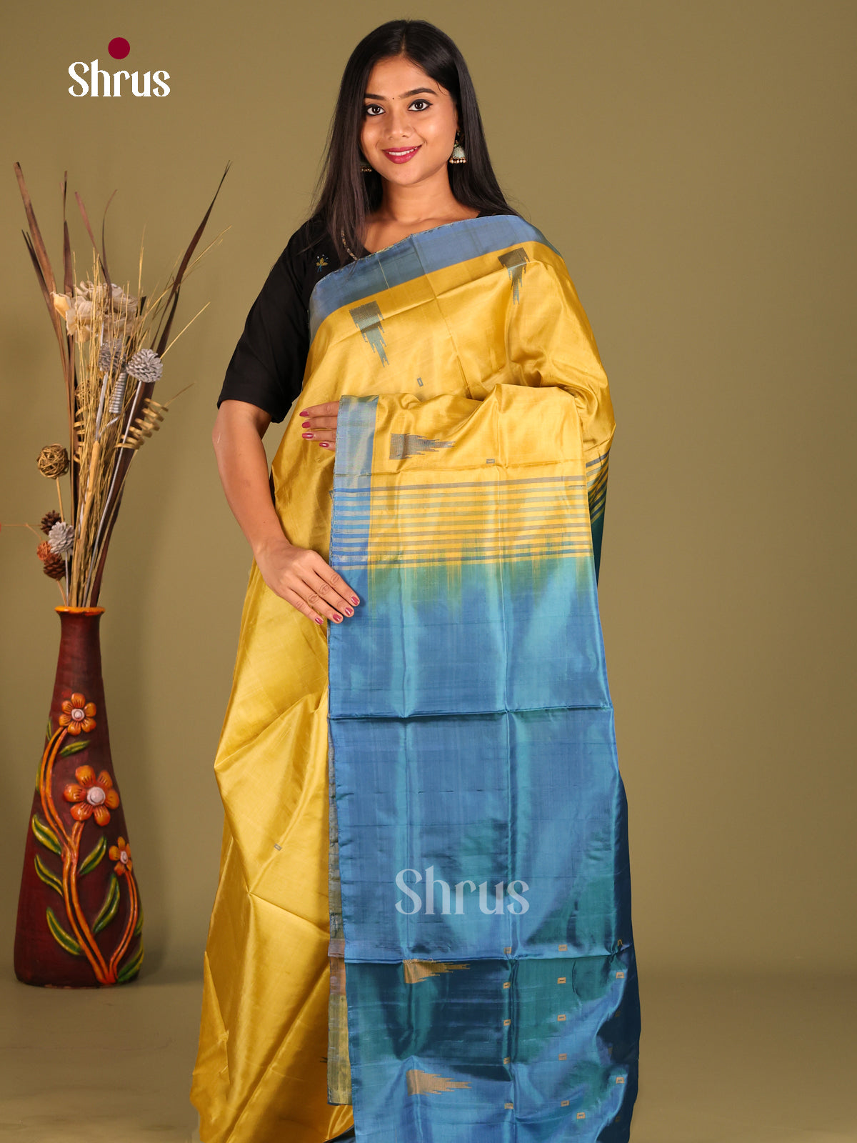 Yellow & Blue - Banana Pith without blouse Saree - Shop on Shrus.com