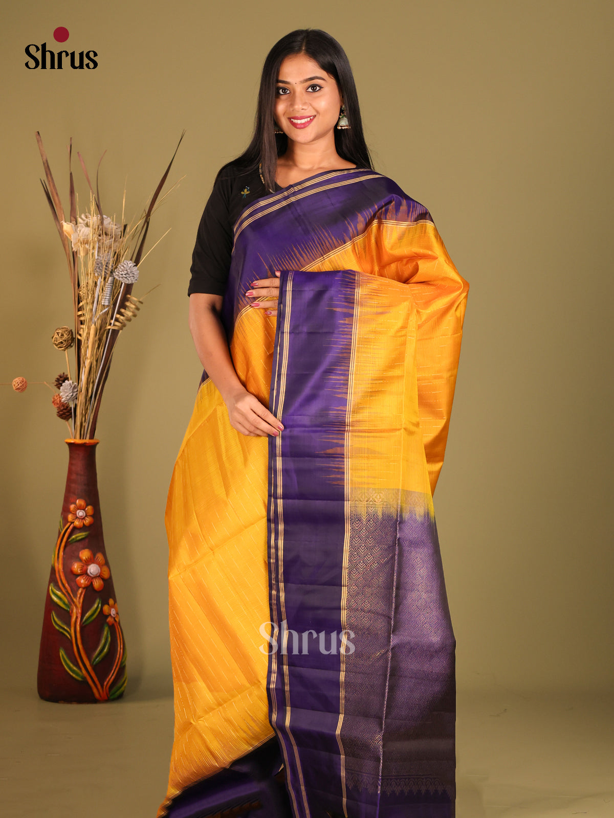 Mambazha Yellow & Blue Soft Silk Saree  with zari brocade pallu - Shop on Shrus.com