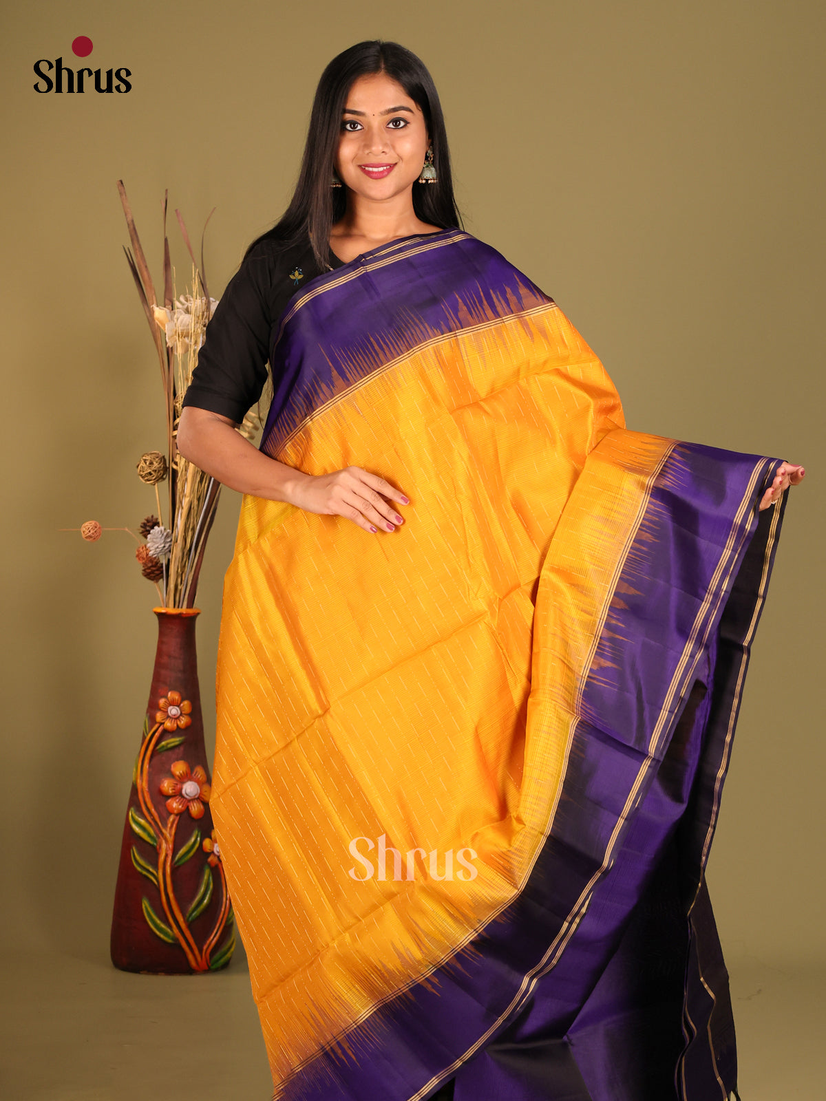Mambazha Yellow & Blue Soft Silk Saree  with zari brocade pallu - Shop on Shrus.com