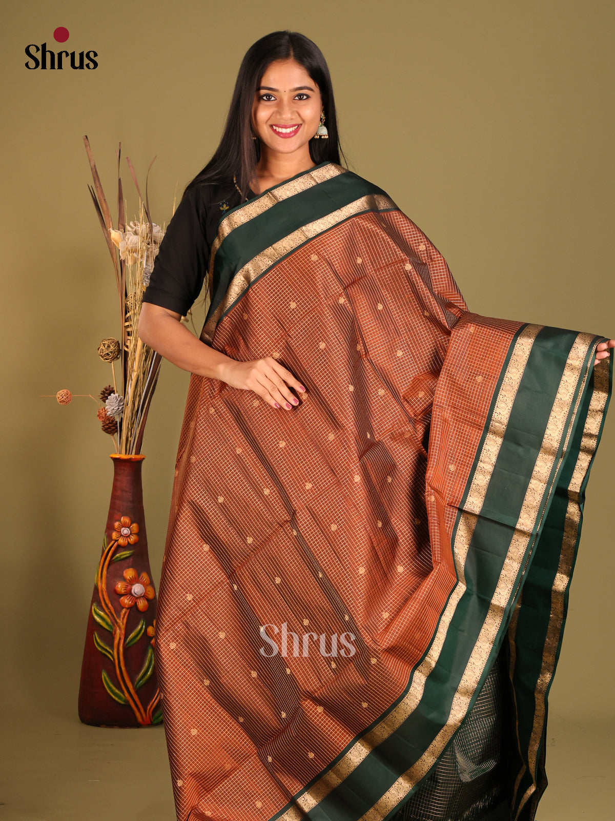 Brown & Green Soft Silk  Saree with contrast Rettaipet zari border